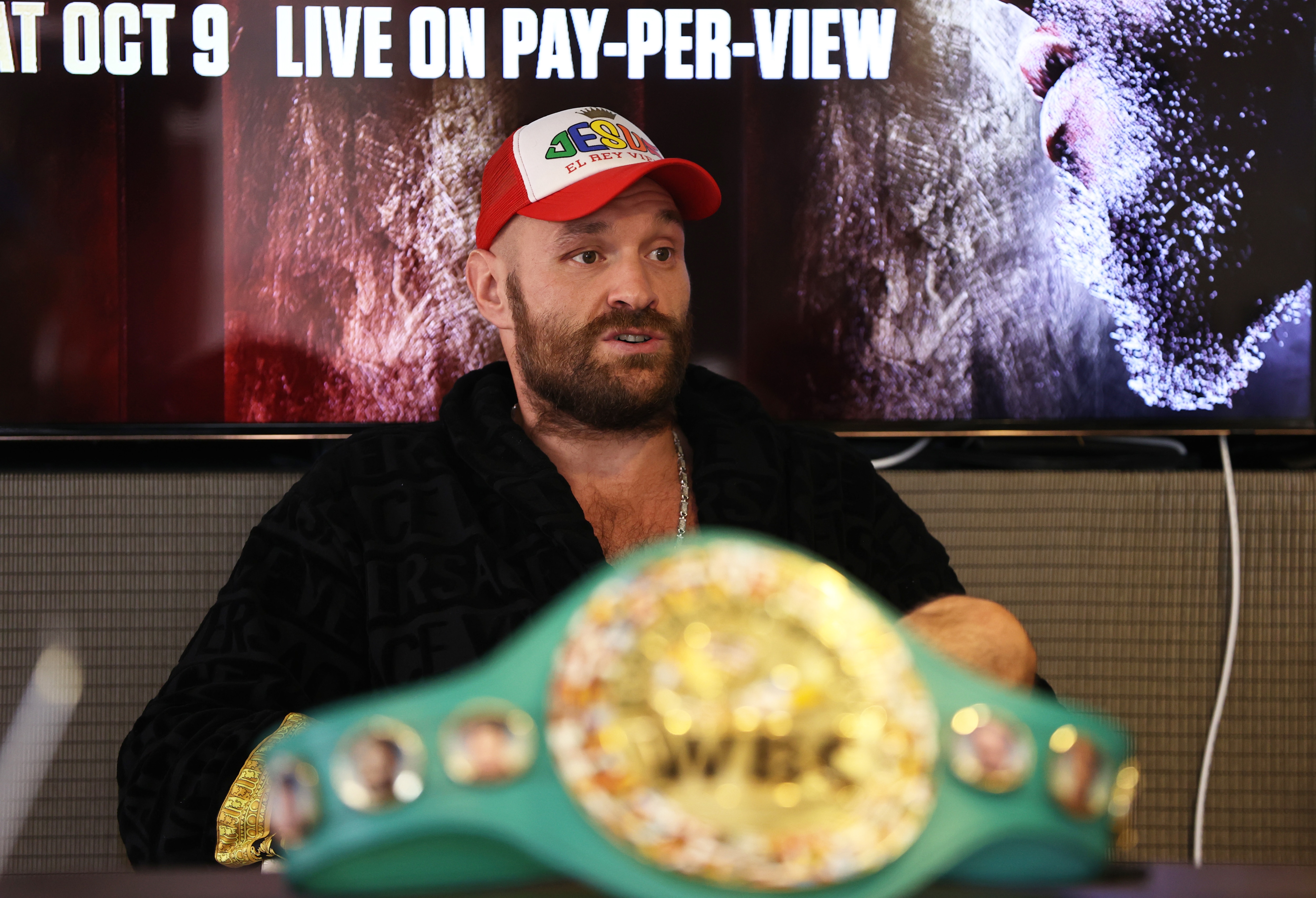 LAS VEGAS, NEVADA - OCTOBER 04: Tyson Fury speaks to the British media at the Top Rank office on October 04, 2021 in Las Vegas, Nevada. (Photo by Mikey Williams/Top Rank Inc via Getty Images)