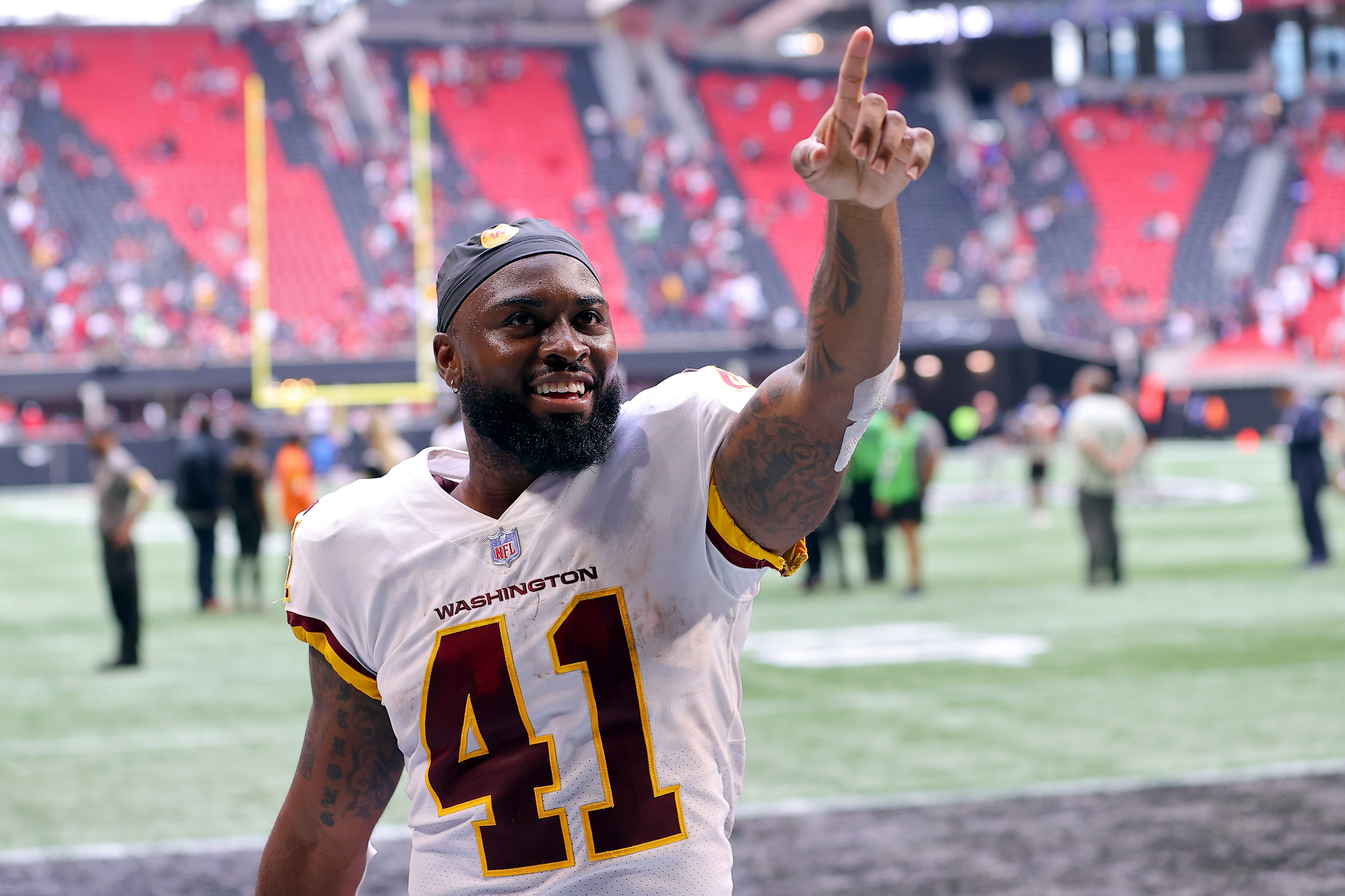 ATLANTA, GEORGIA - OCTOBER 03: J.D. McKissic #41 of the Washington Football Team points to the stands after a win over the Atlanta Falcons at Mercedes-Benz Stadium on October 03, 2021 in Atlanta, Georgia. (Photo by Kevin C. Cox/Getty Images)