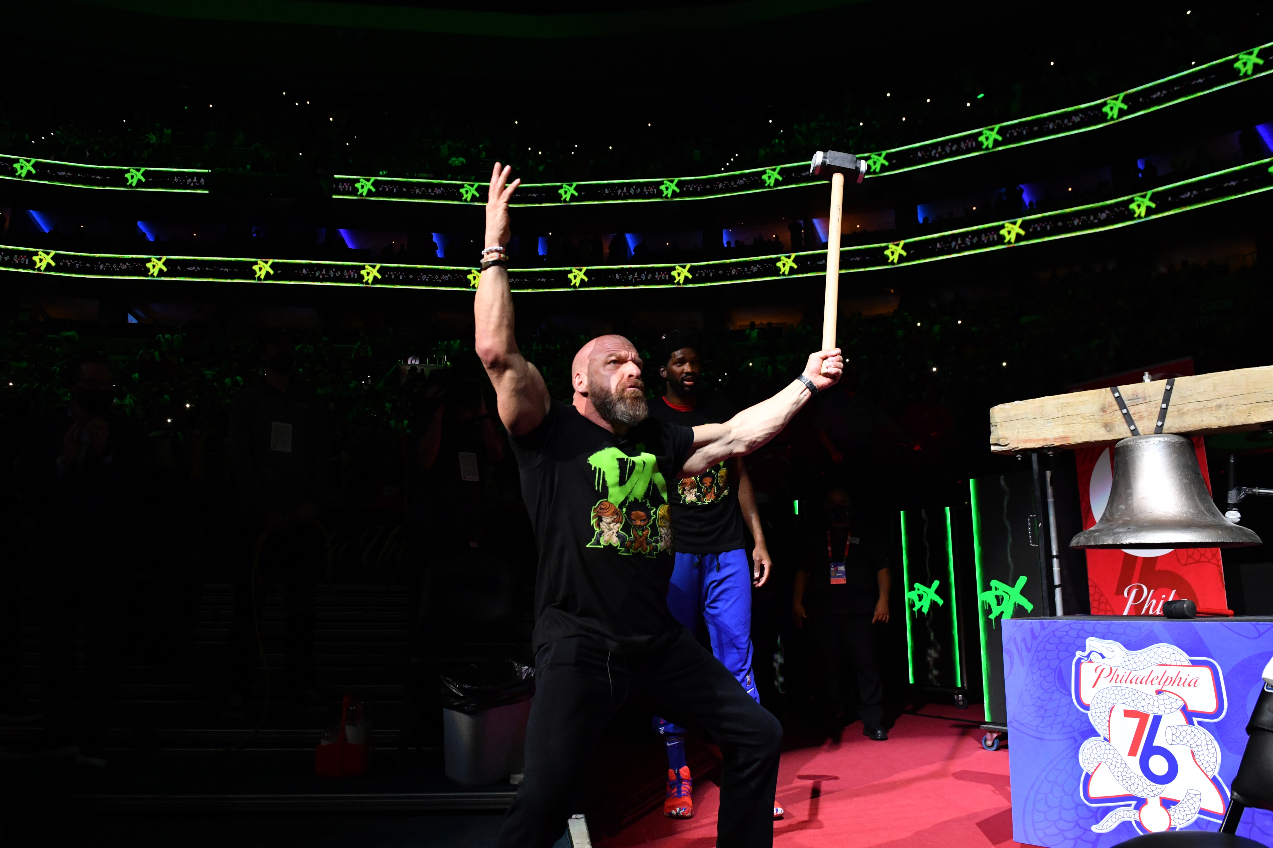 PHILADELPHIA, PA - JUNE 6: Professional Wrestler, Triple H reacts prior to a game during Round 2, Game 1 of the Eastern Conference Playoffs on June 6, 2021 at Wells Fargo Center in Philadelphia, Pennsylvania. NOTE TO USER: User expressly acknowledges and agrees that, by downloading and/or using this Photograph, user is consenting to the terms and conditions of the Getty Images License Agreement. Mandatory Copyright Notice: Copyright 2021 NBAE (Photo by Jesse D. Garrabrant/NBAE via Getty Images)
