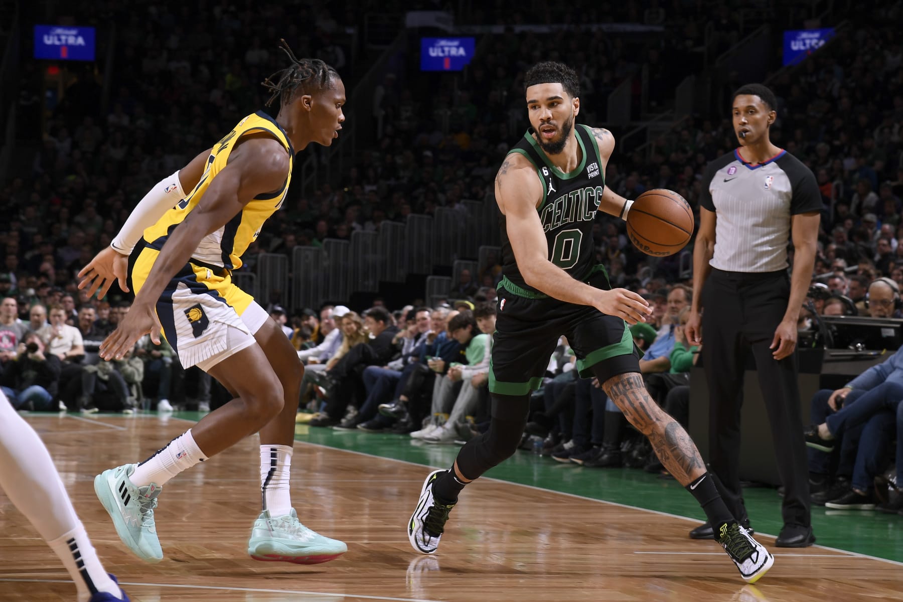 BOSTON, MA - MARCH 24: Jayson Tatum #0 of the Boston Celtics dribbles the ball during the game against the Indiana Pacers on March 24, 2023 at the TD Garden in Boston, Massachusetts. NOTE TO USER: User expressly acknowledges and agrees that, by downloading and or using this photograph, User is consenting to the terms and conditions of the Getty Images License Agreement. Mandatory Copyright Notice: Copyright 2023 NBAE  (Photo by Brian Babineau/NBAE via Getty Images)
