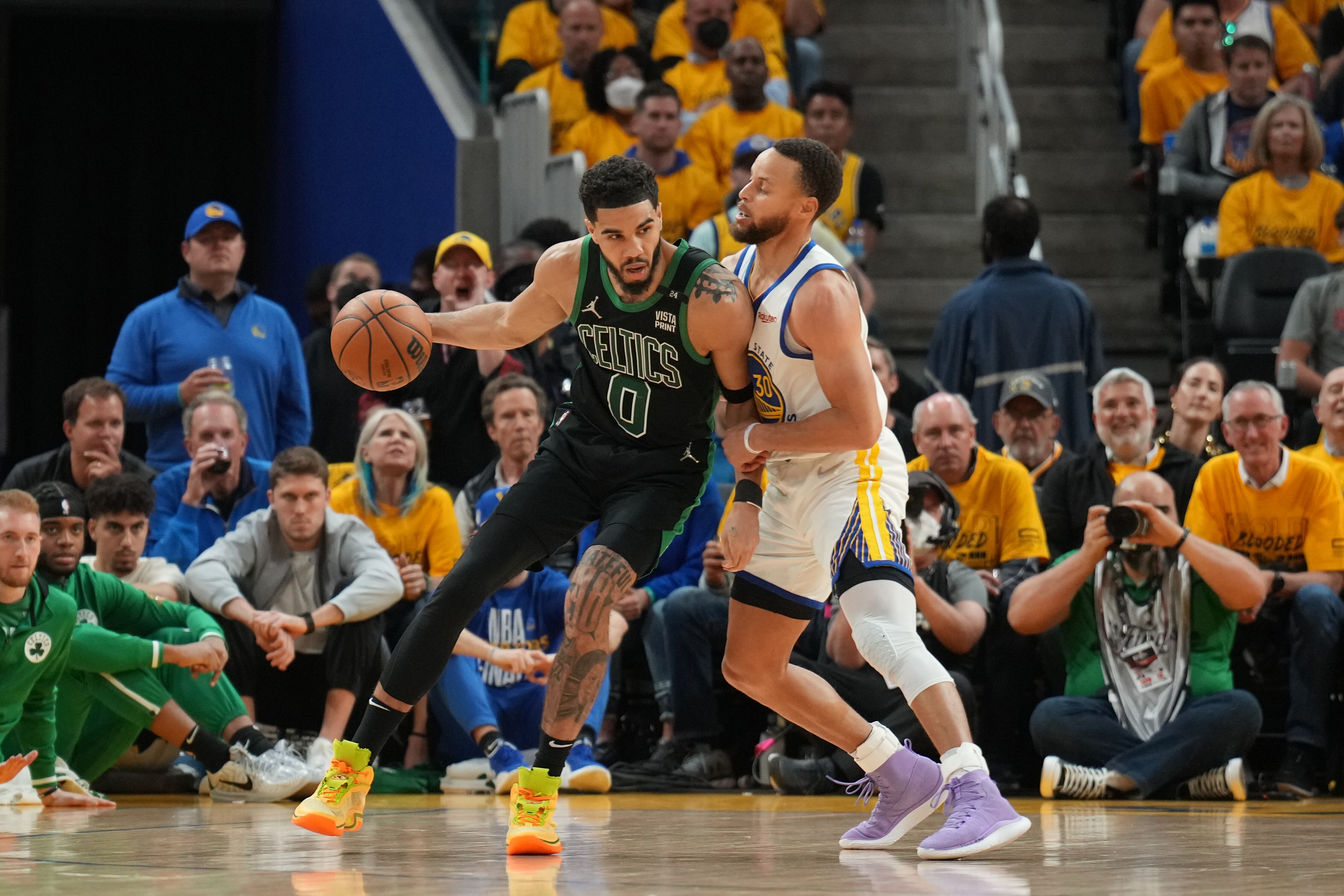 SAN FRANCISCO, CA - JUNE 13: Stephen Curry #30 of the Golden State Warriors plays defense on Jayson Tatum #0 of the Boston Celtics during Game Five of the 2022 NBA Finals on June 13, 2022 at Chase Center in San Francisco, California. NOTE TO USER: User expressly acknowledges and agrees that, by downloading and or using this photograph, user is consenting to the terms and conditions of Getty Images License Agreement. Mandatory Copyright Notice: Copyright 2022 NBAE (Photo by Jesse D. Garrabrant/NBAE via Getty Images)