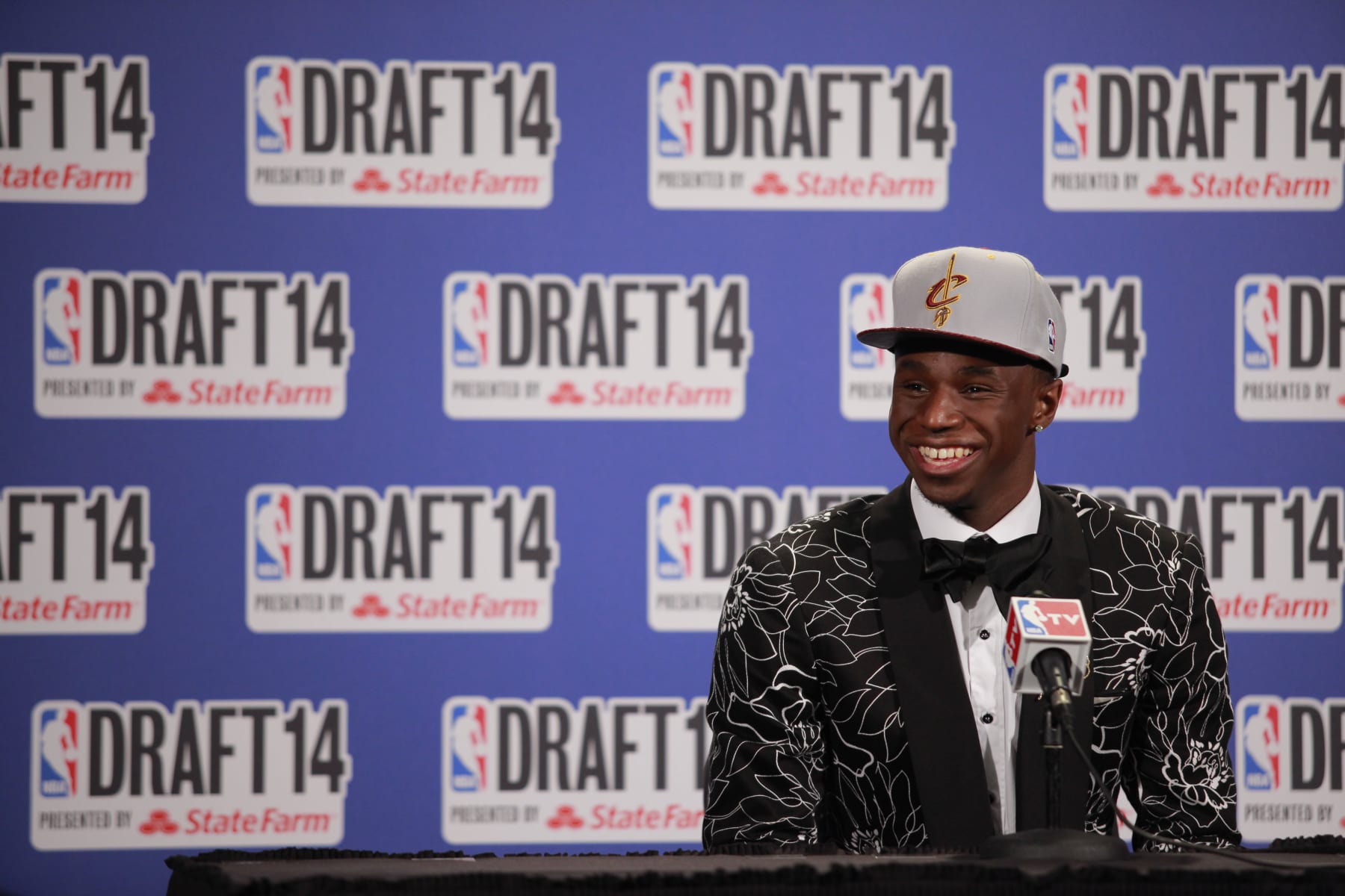 NEW YORK - JUNE 26: Andrew Wiggins addresses the media after being selected first overall by the Cleveland Cavaliers during the 2014 NBA Draft on June 26, 2014 at the Barclays Center in Brooklyn, New York. NOTE TO USER: User expressly acknowledges and agrees that, by downloading and/or using this photograph, user is consenting to the terms and conditions of the Getty Images License Agreement.  Mandatory Copyright Notice: Copyright 2014 NBAE (Photo by Jeyhoun Allebaugh/NBAE via Getty Images)