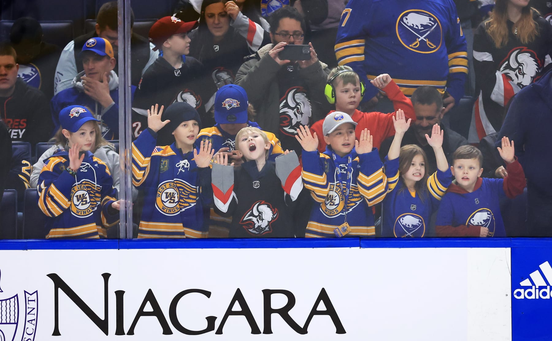 BUFFALO, NEW YORK - MARCH 2: Buffalo Sabres fans cheer prior to an NHL game against the Vegas Golden Knights on March 2, 2024 at KeyBank Center in Buffalo, New York. (Photo by Bill Wippert/NHLI via Getty Images)