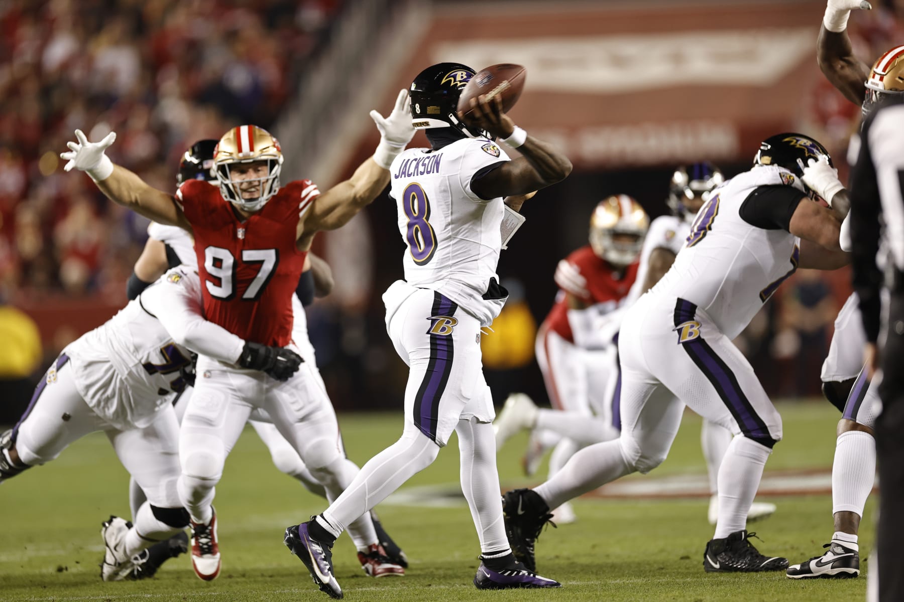 SANTA CLARA, CA - DECEMBER 25: Lamar Jackson #8 of the Baltimore Ravens passes during the game against the San Francisco 49ers at Levi's Stadium on December 25, 2023 in Santa Clara, California. The Ravens defeated the 49ers 33-19. (Photo by Michael Zagaris/San Francisco 49ers/Getty Images)