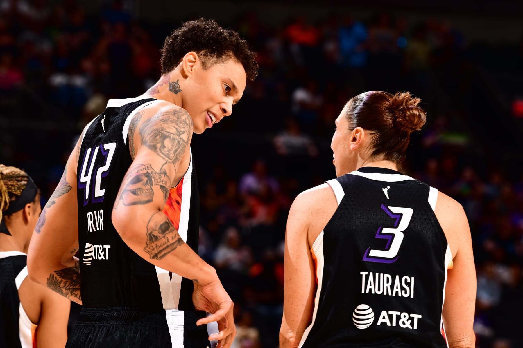 PHOENIX, AZ - JULY 9: Brittney Griner #42 and Diana Taurasi #3 of the Phoenix Mercury talk during the game against the Los Angeles Sparks on July 9, 2023 at Footprint Center in Phoenix, Arizona. NOTE TO USER: User expressly acknowledges and agrees that, by downloading and or using this photograph, user is consenting to the terms and conditions of the Getty Images License Agreement. Mandatory Copyright Notice: Copyright 2023 NBAE (Photo by Barry Gossage/NBAE via Getty Images)