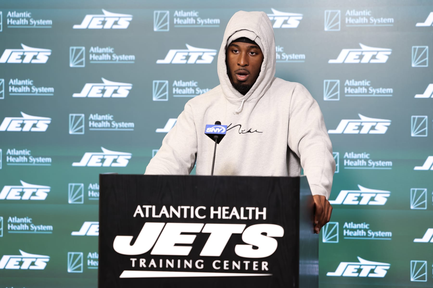 FLORHAM PARK, NEW JERSEY - JUNE 11: Breece Hall #20 of the New York Jets speaks to the media during New York Jets Mandatory Minicamp at Atlantic Health Jets Training Center on June 11, 2024 in Florham Park, New Jersey.  (Photo by Luke Hales/Getty Images)