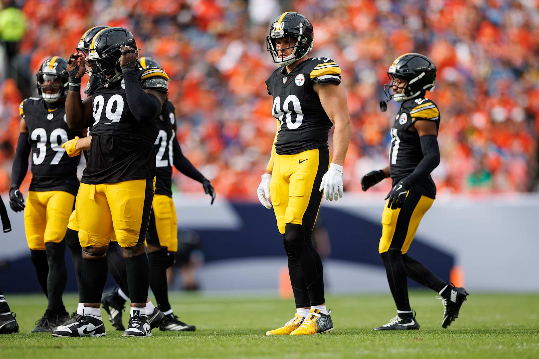 DENVER, CO - SEPTEMBER 15: Linebacker T.J. Watt #90 of the Pittsburgh Steelers stands on the field during the third quarter of an NFL football game against the Denver Broncos, at Empower Field at Mile High on September 15, 2024 in Denver, Colorado. (Photo by Brooke Sutton/Getty Images)