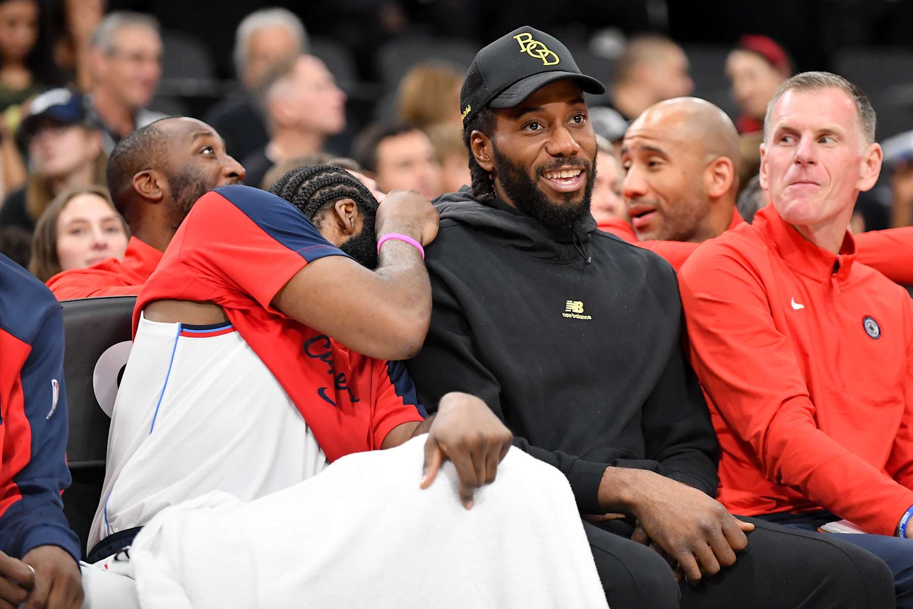 INGLEWOOD, CALIFORNIA - OCTOBER 14: James Harden (L) #1 and Kawhi Leonard #2 of the LA Clippers talk on the bench during the game against the Dallas Mavericks at Intuit Dome on October 14, 2024 in Inglewood, California. NOTE TO USER: User expressly acknowledges and agrees that, by downloading and or using this photograph, User is consenting to the terms and conditions of the Getty Images License Agreement. (Photo by Allen Berezovsky/Getty Images)