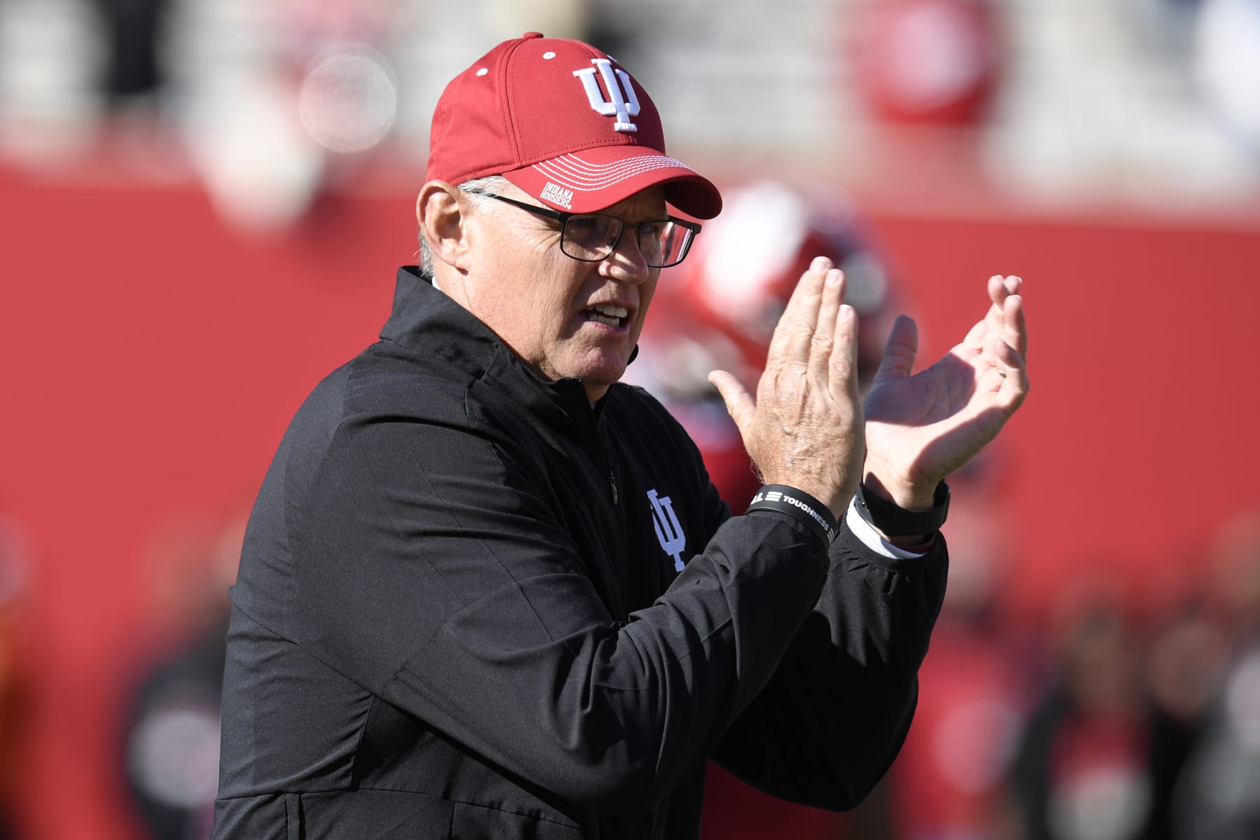 BLOOMINGTON, IN - NOVEMBER 18: Indiana Hoosiers head coach Tom Allen claps before the college football game between the Michigan State Spartans and the Indiana Hoosiers on November 18, 2023, at Memorial Stadium in Bloomington, Indiana. (Photo by Michael Allio/Icon Sportswire via Getty Images)