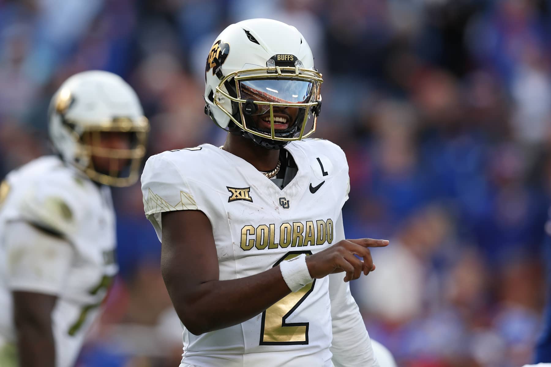KANSAS CITY, MO - NOVEMBER 23: Colorado Buffaloes quarterback Shedeur Sanders (2) before the snap in the second quarter of a Big 12 game between the Colorado Buffaloes and Kansas Jayhawks on November 23, 2024 at GEHA Field at Arrowhead Stadium in Kansas City, MO. (Photo by Scott Winters/Icon Sportswire via Getty Images)