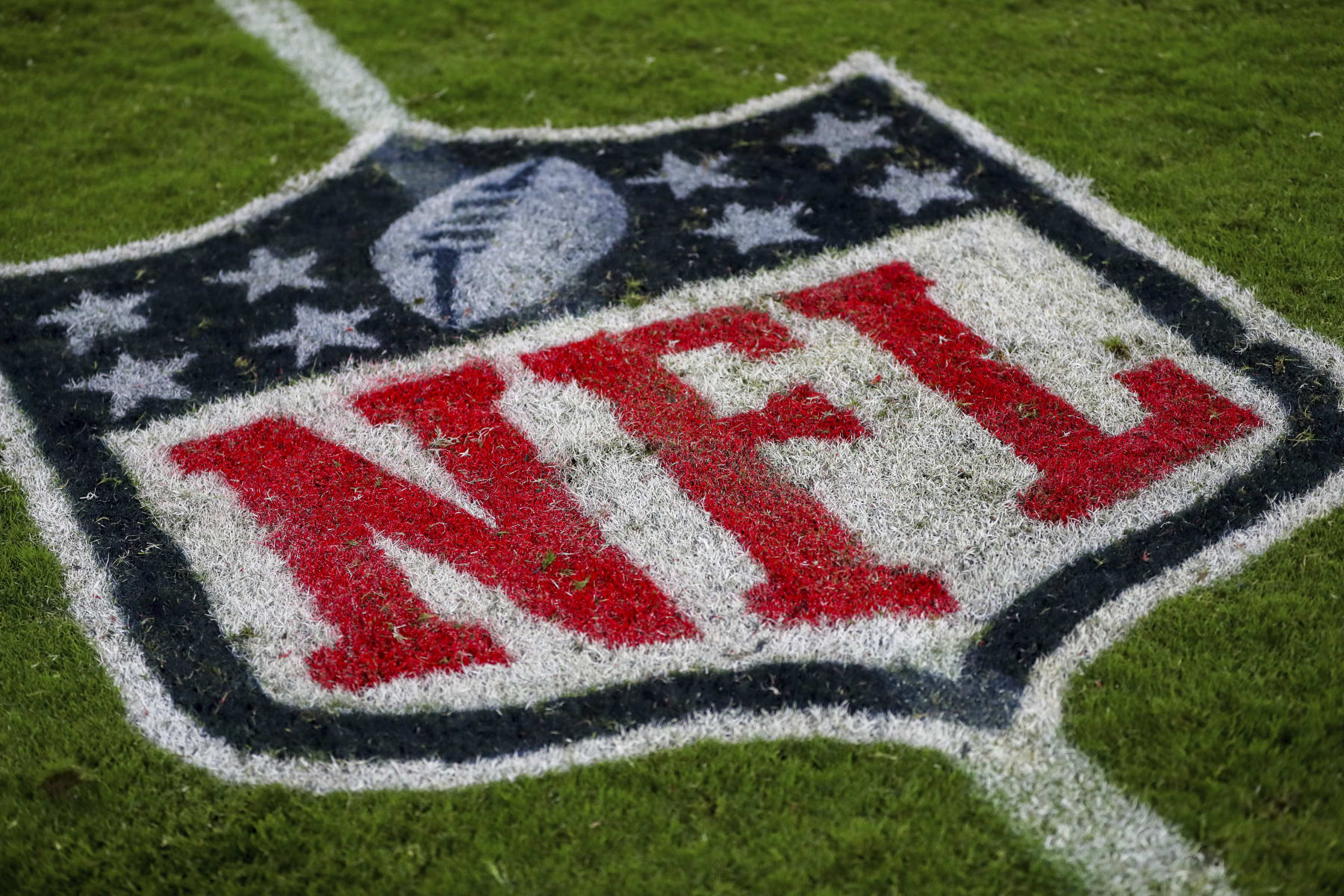 The NFL logo is seen painted on the field during a NFL football game between the Baltimore Ravens and Tampa Bay Buccaneers,Thursday, Oct. 27, 2022 in Tampa, Fla. (AP Photo/Alex Menendez)