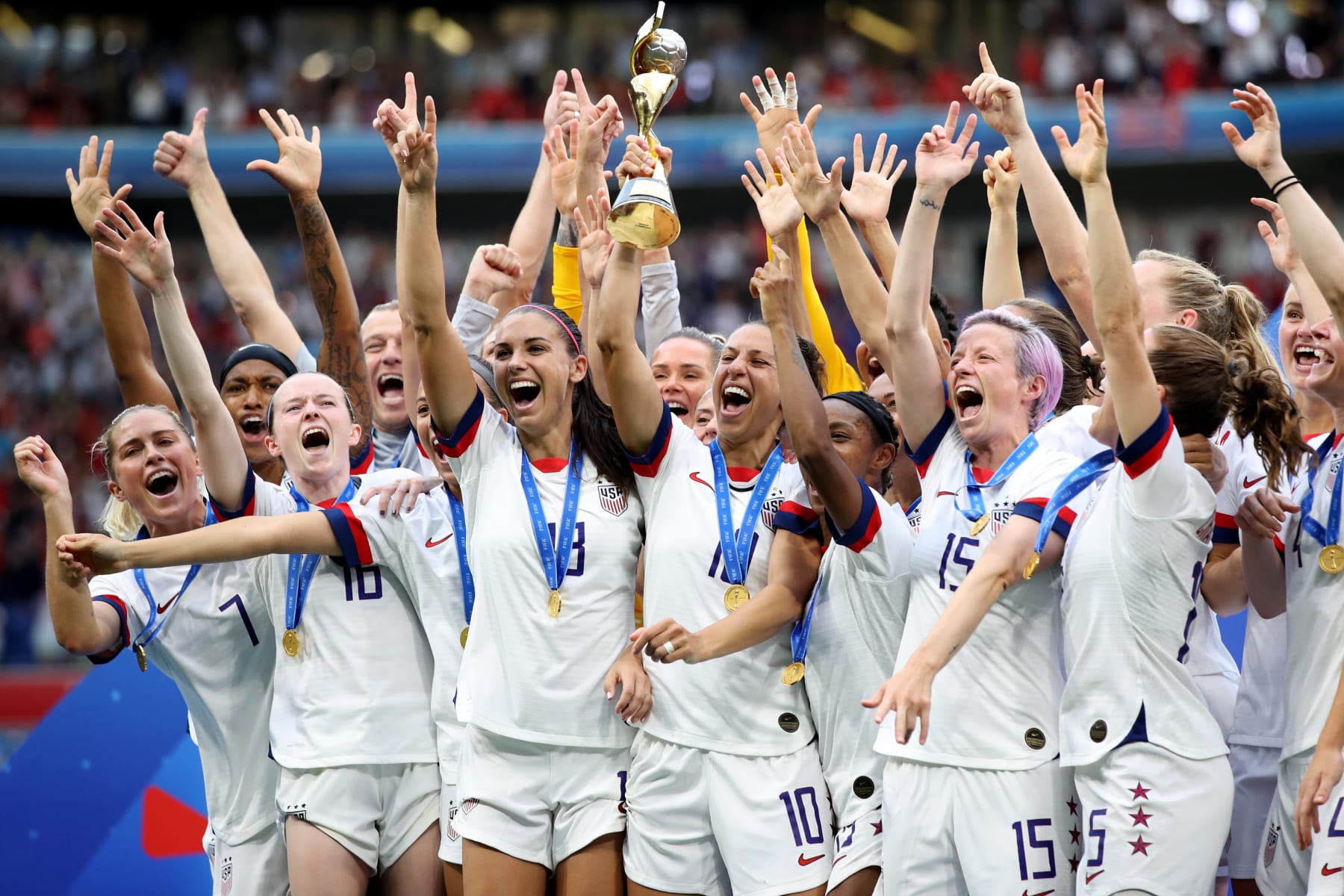 LYON, FRANCE - JULY 07: USA players celebrates with the trophy during the 2019 FIFA Women's World Cup France Final match between The United States of America and The Netherlands at Stade de Lyon on July 7, 2019 in Lyon, France. (Photo by Marc Atkins/Getty Images)