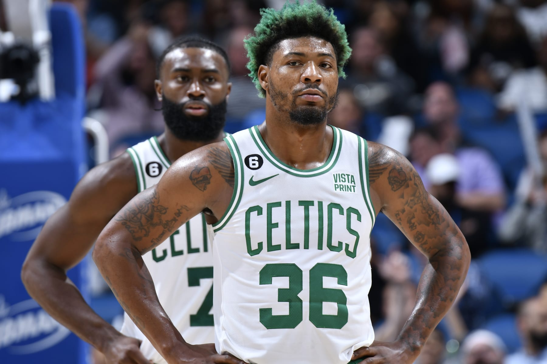 ORLANDO, FL - OCTOBER 22: Jaylen Brown #7 and Marcus Smart #36 of the Boston Celtics stands on the court during the game against the Orlando Magic on October 22, 2022 at Amway Center in Orlando, Florida. NOTE TO USER: User expressly acknowledges and agrees that, by downloading and or using this photograph, User is consenting to the terms and conditions of the Getty Images License Agreement. Mandatory Copyright Notice: Copyright 2022 NBAE (Photo by Fernando Medina/NBAE via Getty Images)