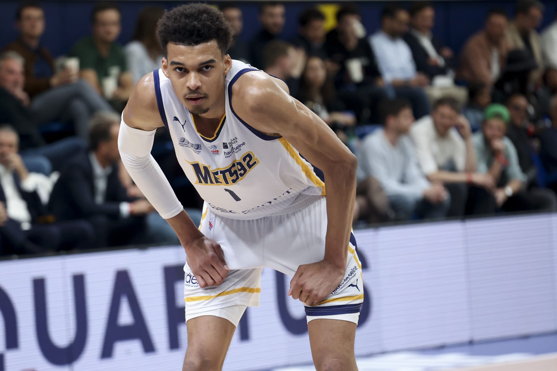 LEVALLOIS-PERRET, FRANCE - MAY 25: Victor Wembanyama of Metropolitans during the Betclic Elite Playoffs match between Boulogne-Levallois Metropolitan 92 (Mets) and Cholet Basket at Palais des Sports Marcel Cerdan on May 25, 2023 in Levallois-Perret near Paris, France. (Photo by Jean Catuffe/Getty Images)