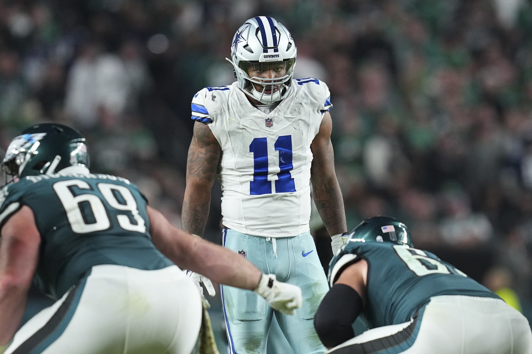 PHILADELPHIA, PENNSYLVANIA - NOVEMBER 5: Micah Parsons #11 of the Dallas Cowboys looks on against the Philadelphia Eagles at Lincoln Financial Field on November 5, 2023 in Philadelphia, Pennsylvania. (Photo by Mitchell Leff/Getty Images)