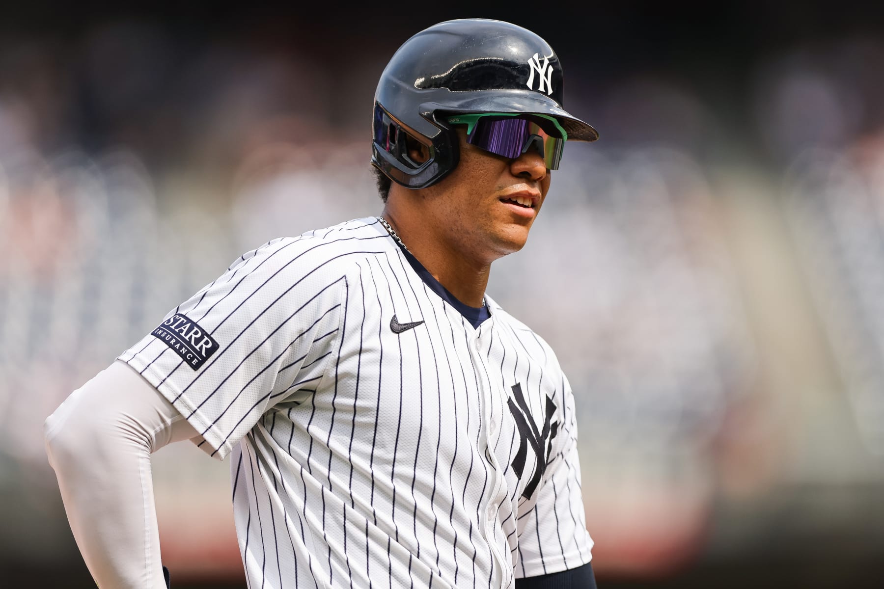 BRONX, NY - JULY 20: New York Yankees outfielder Juan Soto (22) looks on during a game between the Tampa Bay Rays and the New York Yankees on July 20, 2024 at Yankee Stadium in the Bronx, New York. (Photo by Andrew Mordzynski/Icon Sportswire via Getty Images)