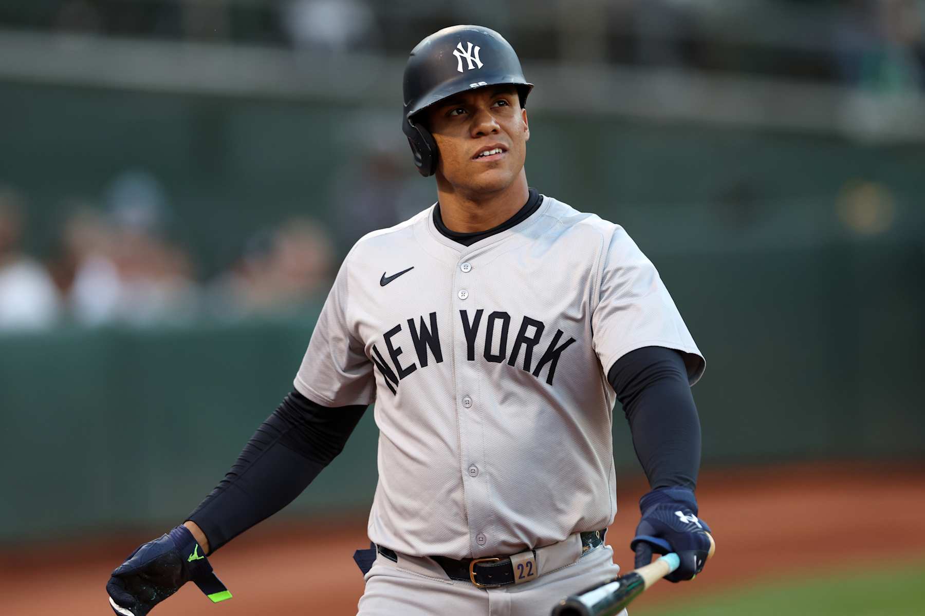 OAKLAND, CA - SEPTEMBER 21:  Juan Soto #22 of the New York Yankees looks on during the game against the Oakland Athletics at the Oakland Coliseum on September 21, 2024 in Oakland California. The Yankees defeated the Athletics 10-0. (Photo by Rob Leiter/MLB Photos via Getty Images)