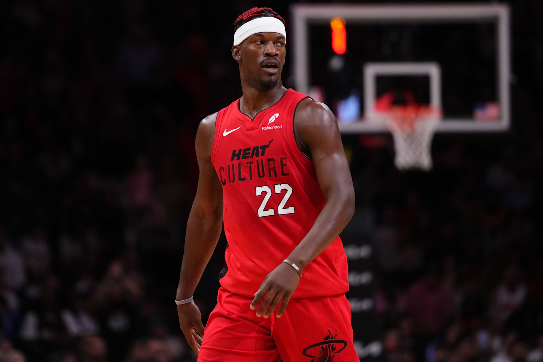 MIAMI, FLORIDA - NOVEMBER 24: Jimmy Butler #22 of the Miami Heat looks on against the Dallas Mavericks during overtime at Kaseya Center on November 24, 2024 in Miami, Florida. NOTE TO USER: User expressly acknowledges and agrees that, by downloading and or using this photograph, User is consenting to the terms and conditions of the Getty Images License Agreement. (Photo by Rich Storry/Getty Images)