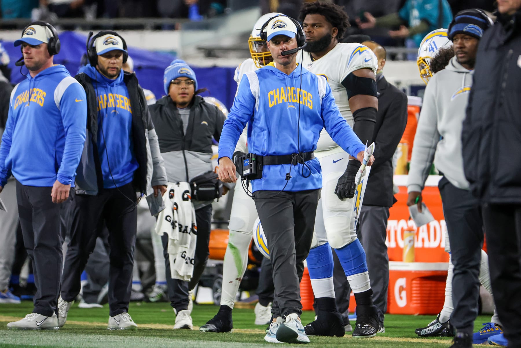 Jacksonville, Florida, January 14, 2023 - Los Angeles Chargers head coach Brandon Staley walks the sideline during a game against  the Jacksonville Jaguars in an AFC Wild Card game at TIAA Bank Field. (Robert Gauthier/Los Angeles Times via Getty Images)