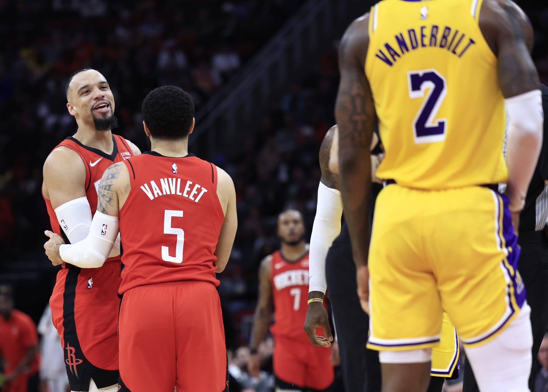 HOUSTON, TEXAS - JANUARY 29: Jarred Vanderbilt #2 of the Los Angeles Lakers is ejected following a flagrant foul against Dillon Brooks #9 of the Houston Rockets during the first half at Toyota Center on January 29, 2024 in Houston, Texas. NOTE TO USER: User expressly acknowledges and agrees that, by downloading and or using this photograph, User is consenting to the terms and conditions of the Getty Images License Agreement.  (Photo by Carmen Mandato/Getty Images)