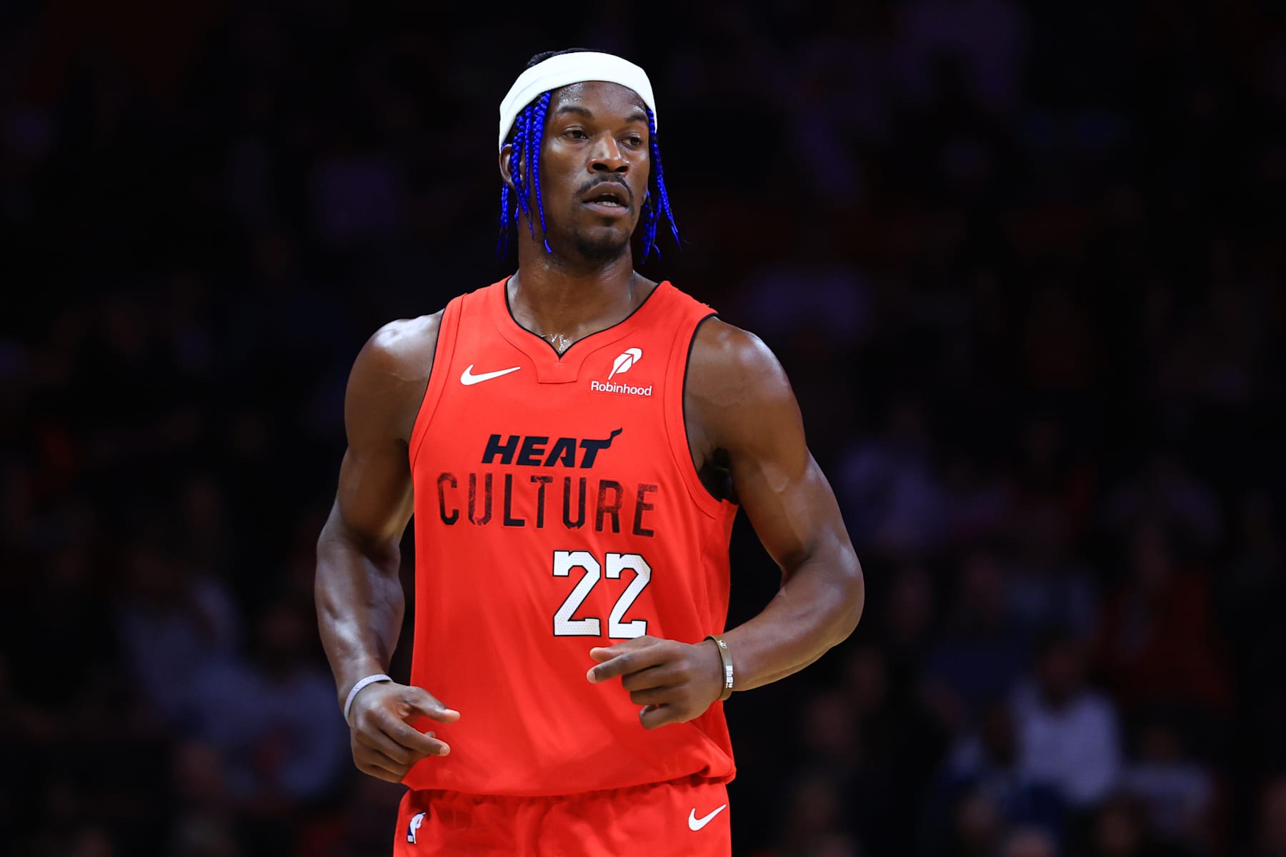 MIAMI, FLORIDA - DECEMBER 08: Jimmy Butler #22 of the Miami Heat looks on against the Cleveland Cavaliers during the first quarter of the game at Kaseya Center on December 08, 2024 in Miami, Florida. NOTE TO USER: User expressly acknowledges and agrees that, by downloading and or using this photograph, User is consenting to the terms and conditions of the Getty Images License Agreement. (Photo by Megan Briggs/Getty Images)