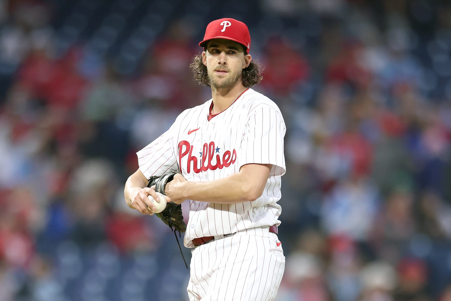 PHILADELPHIA, PENNSYLVANIA - SEPTEMBER 26: Aaron Nola #27 of the Philadelphia Phillies pitches during the first inning against the Pittsburgh Pirates at Citizens Bank Park on September 26, 2023 in Philadelphia, Pennsylvania. (Photo by Tim Nwachukwu/Getty Images)