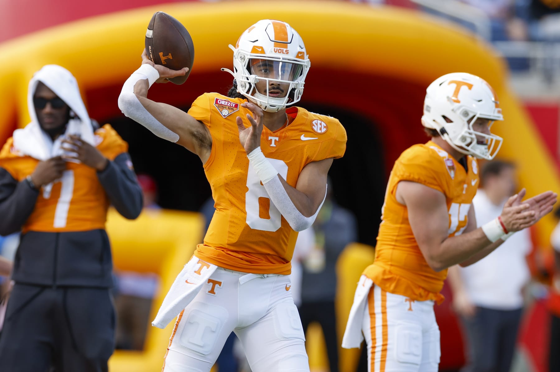 ORLANDO, FL - JANUARY 01: Tennessee Volunteers quarterback Nico Iamaleava (8) throws a pass before the game between the Tennessee Volunteers and the Iowa Hawkeyes on January 1, 2024 at Camping World Stadium in Orlando, Fl. (Photo by David Rosenblum/Icon Sportswire via Getty Images)