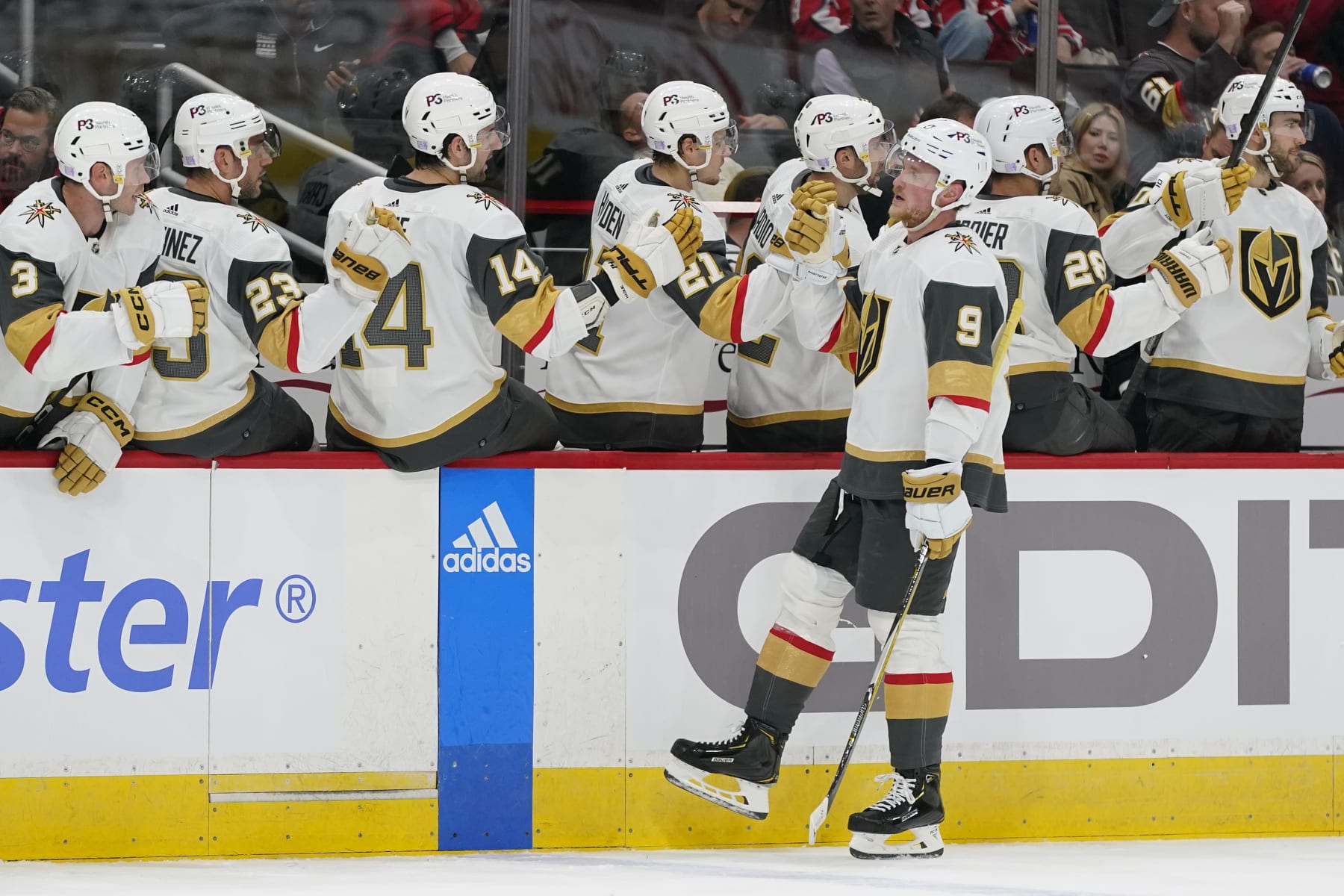 Vegas Golden Knights center Jack Eichel (9) celebrates his goal with teammates in the first period of an NHL hockey game against the Washington Capitals, Tuesday, Nov. 1, 2022, in Washington. (AP Photo/Patrick Semansky)
