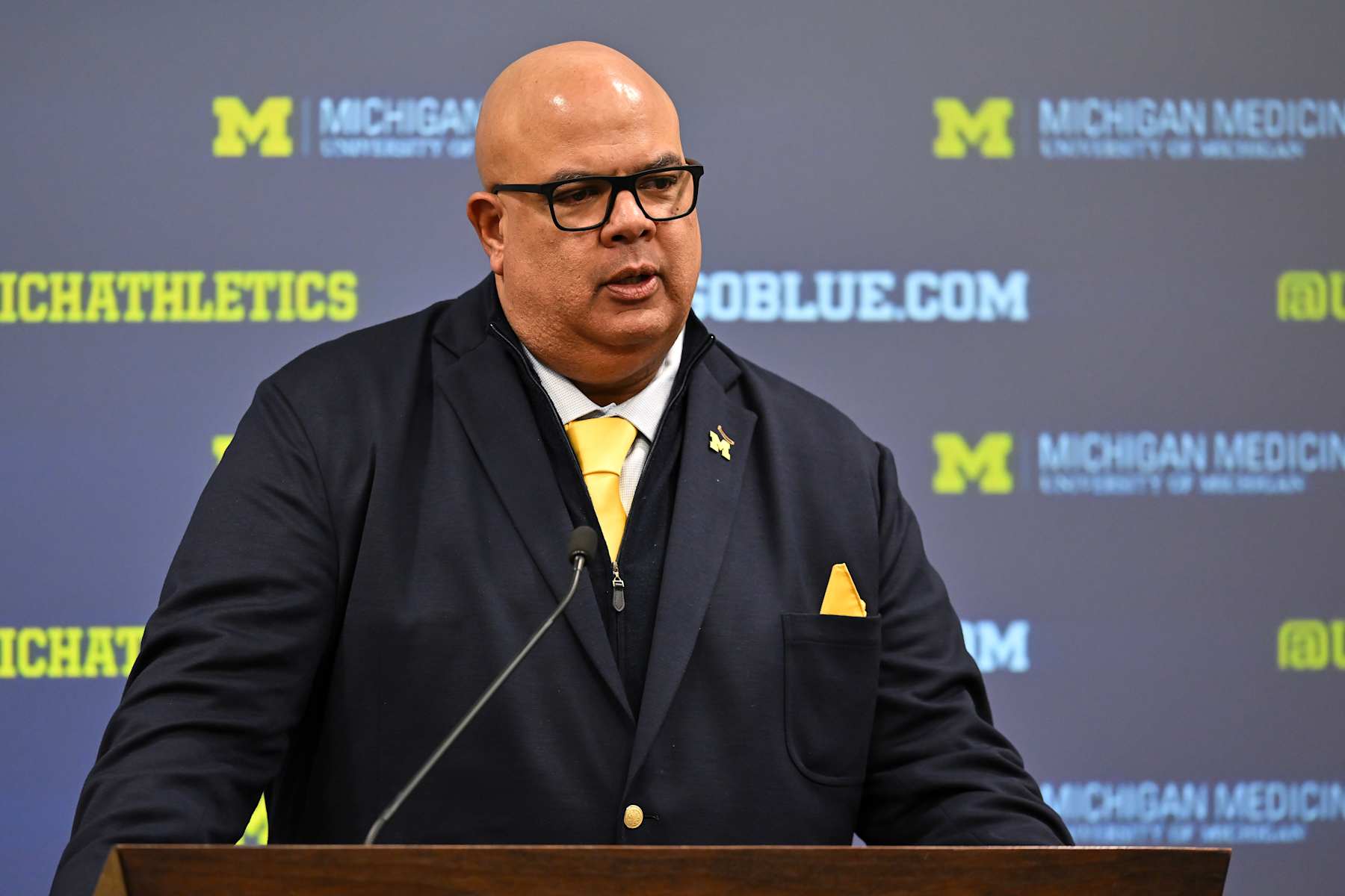 ANN ARBOR, MICHIGAN - MARCH 26: Athletic Director Warde Manuel of the University of Michigan speaks to the media during a press conference to introduce head men's basketball coach Dusty May at Junge Family Champions Center on March 26, 2024 in Ann Arbor, Michigan. (Photo by Luke Hales/Getty Images)
