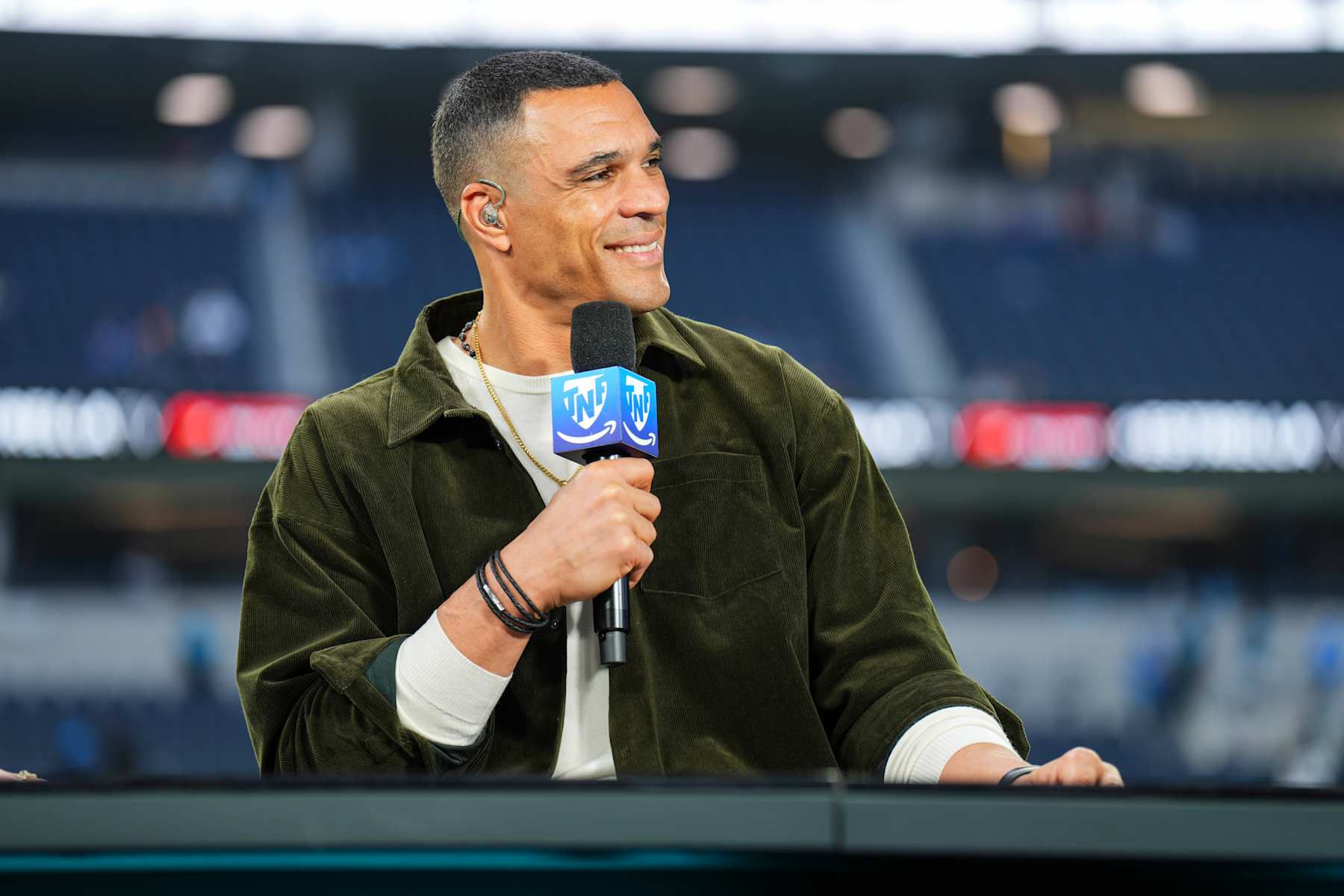 INGLEWOOD, CA - DECEMBER 19: Tony Gonzalez looks on from the set of the TNF on Prime pregame show prior to an NFL football game between the Denver Broncos and the Los Angeles Chargers at SoFi Stadium on December 19, 2024 in Inglewood, California. (Photo by Cooper Neill/Getty Images)