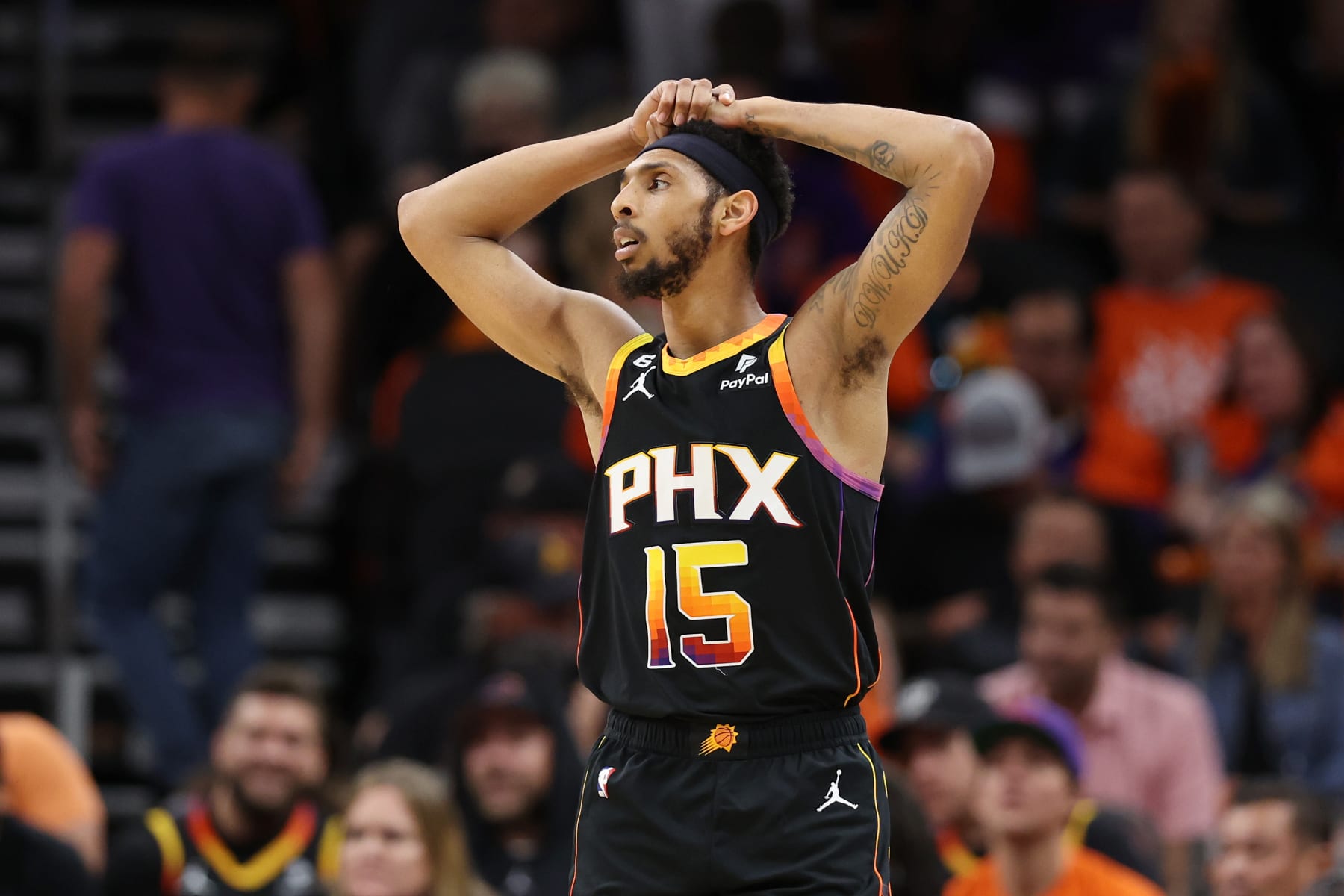 PHOENIX, ARIZONA - MAY 11: Cameron Payne #15 of the Phoenix Suns reacts during the fourth quarter against the Denver Nuggets in game six of the Western Conference Semifinal Playoffs at Footprint Center on May 11, 2023 in Phoenix, Arizona. NOTE TO USER: User expressly acknowledges and agrees that, by downloading and or using this photograph, User is consenting to the terms and conditions of the Getty Images License Agreement. (Photo by Christian Petersen/Getty Images)