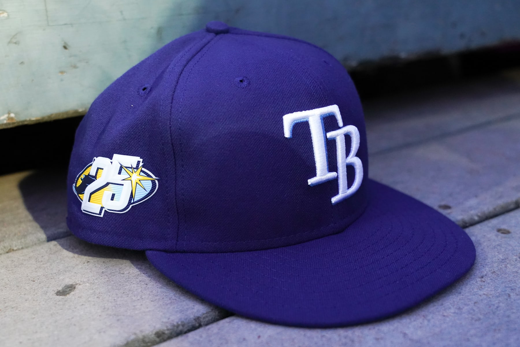 CINCINNATI, OHIO - APRIL 17: A detail view of a Tampa Bay Rays hat during the game between the Tampa Bay Rays and the Cincinnati Reds at Great American Ball Park on April 17, 2023 in Cincinnati, Ohio. (Photo by Dylan Buell/Getty Images)
