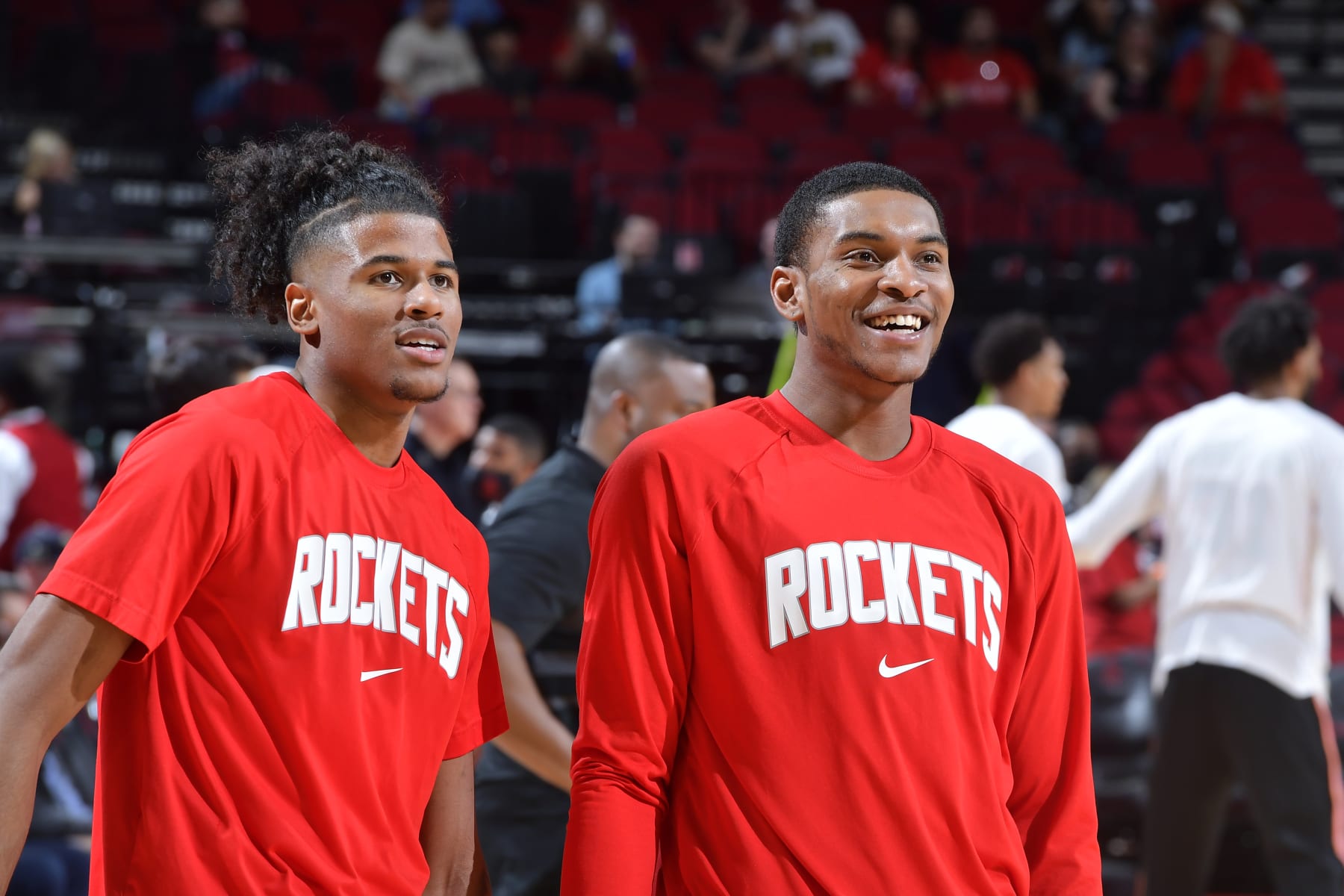 HOUSTON, TX - MARCH 28: Jalen Green #0 of the Houston Rockets and Kevin Porter Jr. #3 looks on during the game against the San Antonio Spurs on March 28, 2022 at the Toyota Center in Houston, Texas. NOTE TO USER: User expressly acknowledges and agrees that, by downloading and or using this photograph, User is consenting to the terms and conditions of the Getty Images License Agreement. Mandatory Copyright Notice: Copyright 2022 NBAE (Photo by Logan Riely/NBAE via Getty Images)