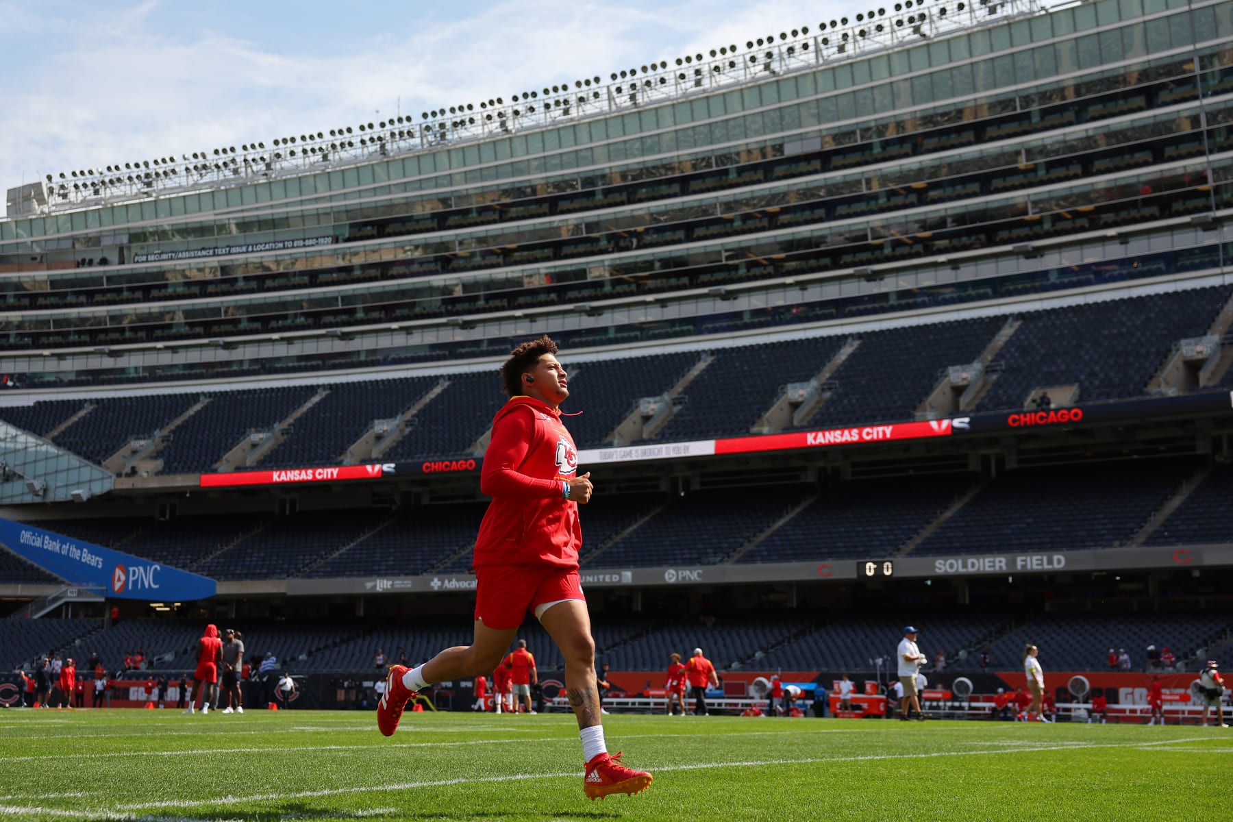 CHICAGO, ILLINOIS - AUGUST 13: Patrick Mahomes #15 of the Kansas City Chiefs warms up prior to a preseason game against the Chicago Bears at Soldier Field on August 13, 2022 in Chicago, Illinois. (Photo by Michael Reaves/Getty Images)
