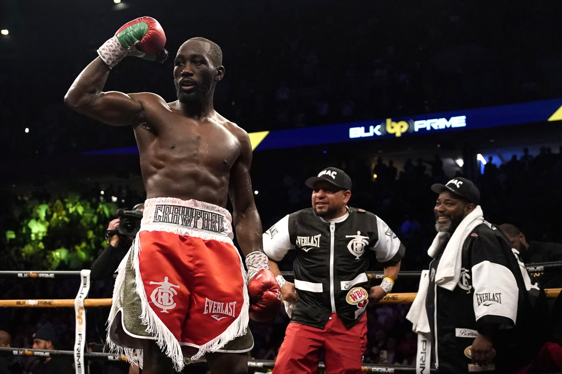 OMAHA, NEBRASKA - DECEMBER 10:  WBO champion Terence Crawford celebrates after knocking out David Avanesyan in the sixth round during their welterweight title fight at CHI Health Center on December 10, 2022 in Omaha, Nebraska. (Photo by Ed Zurga/Getty Images)