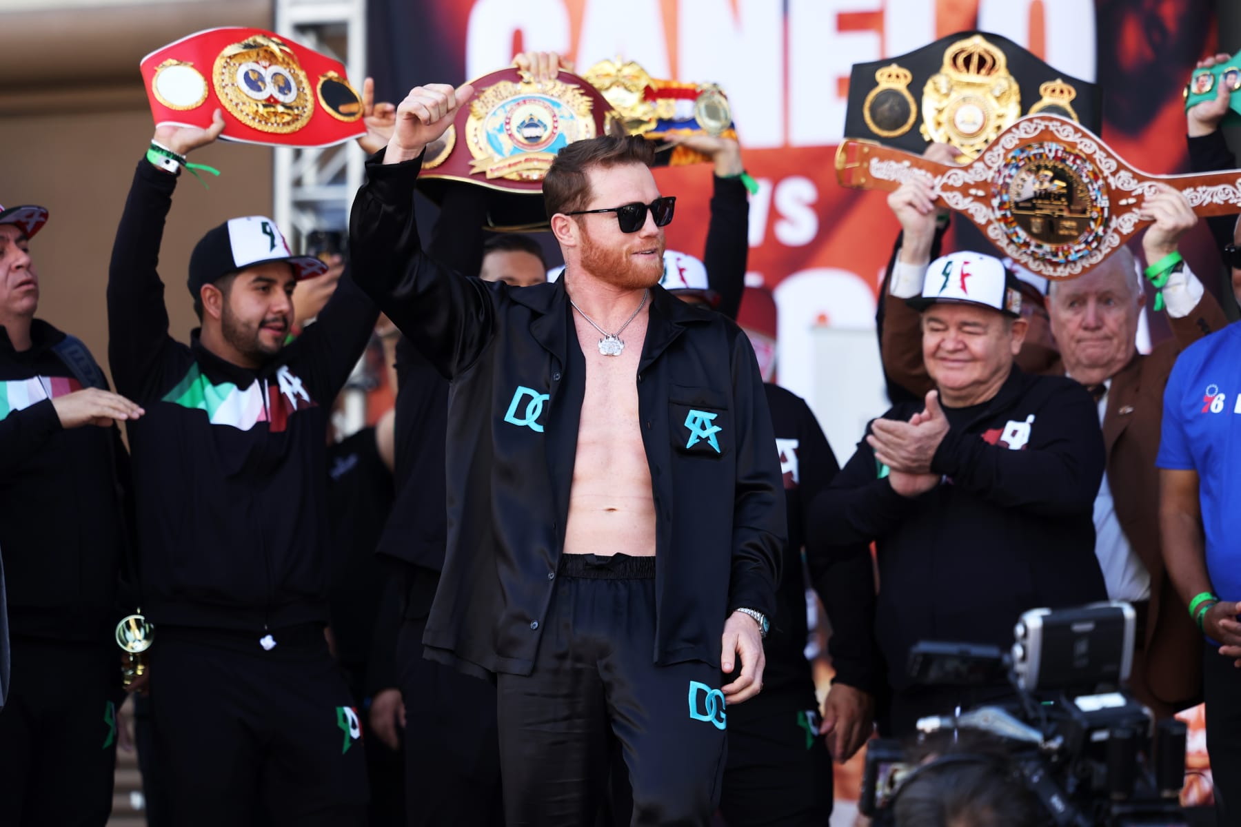LAS VEGAS, NEVADA - MAY 03: Canelo Álvarez of Mexico poses during a ceremonial weigh-in ahead of his super middleweight fight against Jaime Munguia of Mexico at T-Mobile Arena on May 03, 2024 in Las Vegas, Nevada. (Photo by Cris Esqueda/Golden Boy/Getty Images)