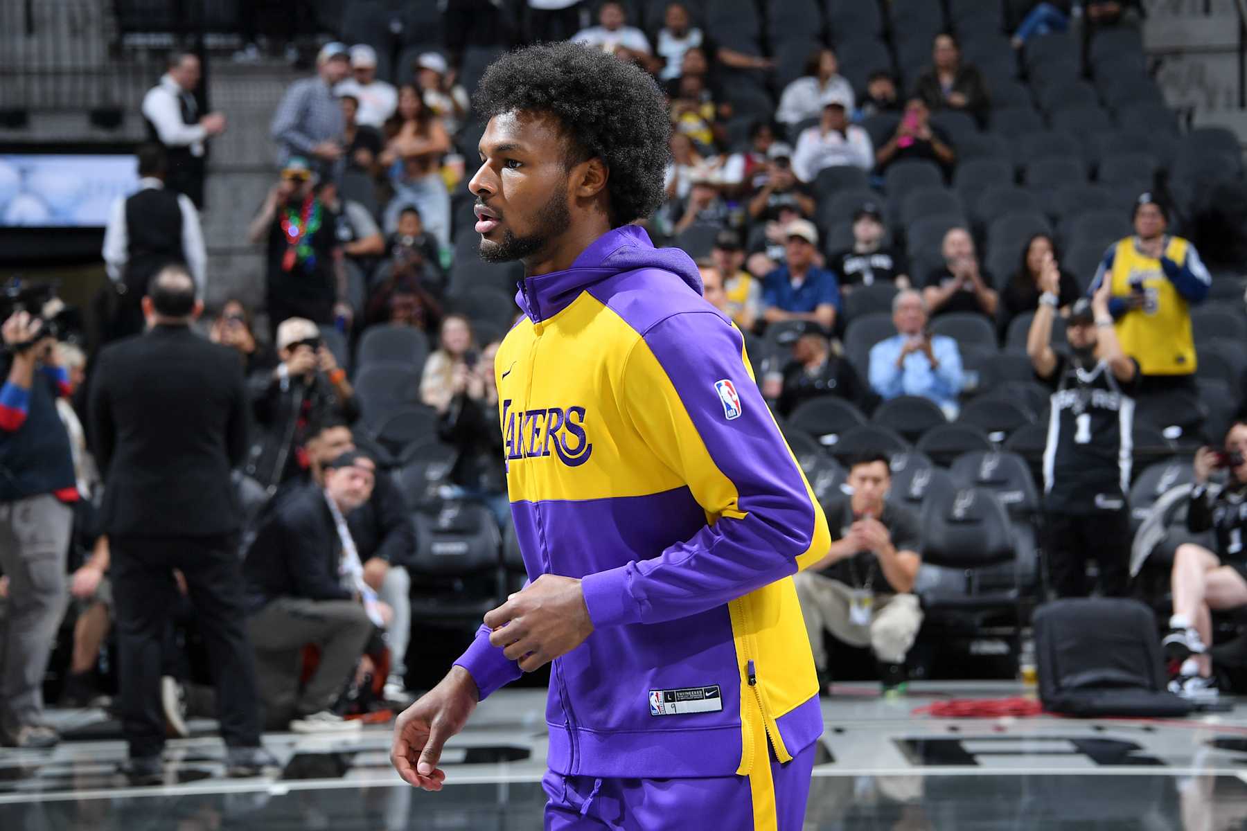 SAN ANTONIO, TX - OCTOBER 22:  Bronny James #9 of the Los Angeles Lakers warms up before the NBA Cup game against the San Antonio Spurs on October 22, 2024 at the Frost Bank Center in San Antonio, Texas. NOTE TO USER: User expressly acknowledges and agrees that, by downloading and or using this photograph, user is consenting to the terms and conditions of the Getty Images License Agreement. Mandatory Copyright Notice: Copyright 2024 NBAE (Photos by Michael Gonzales/NBAE via Getty Images)
