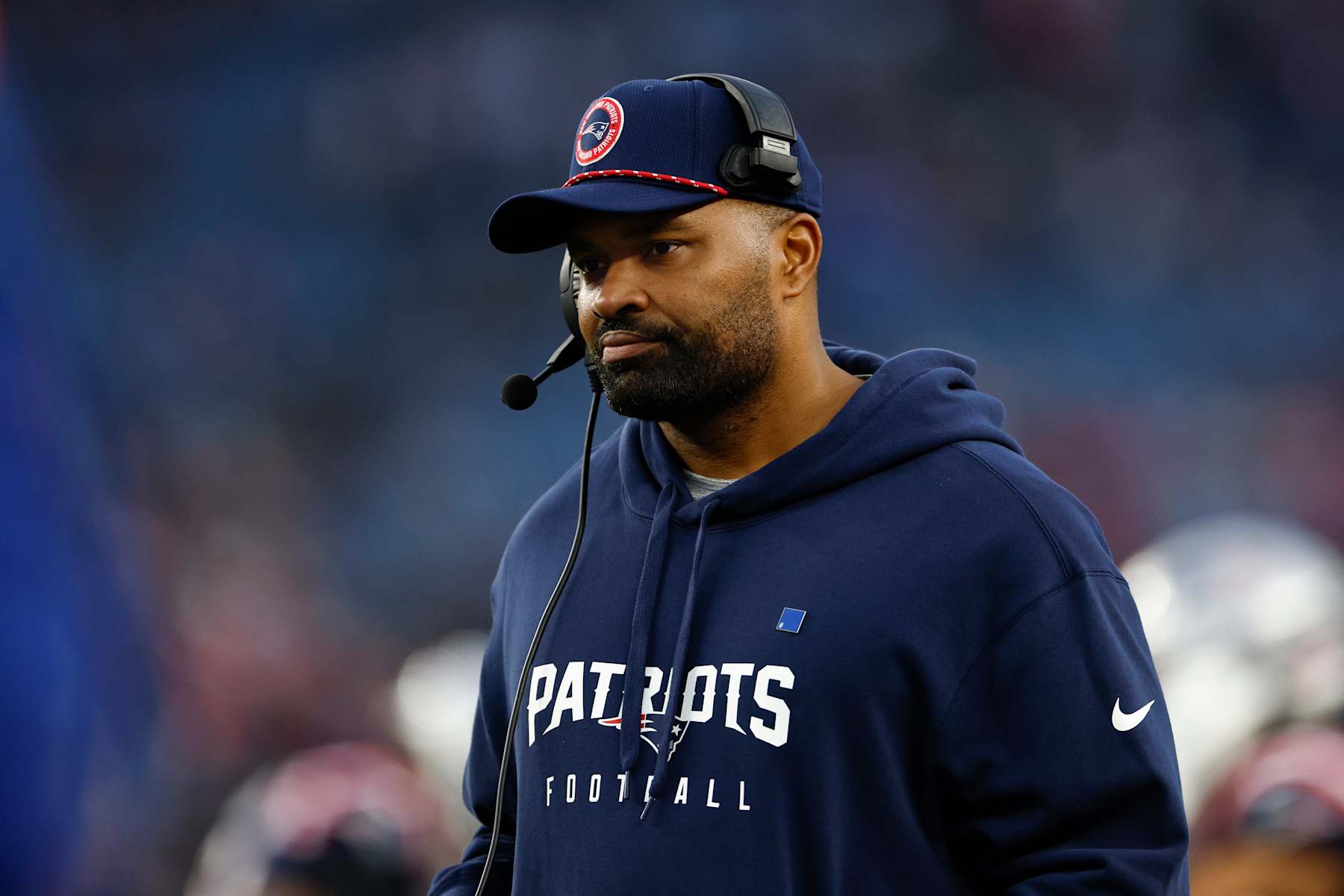 Foxborough, MA - December 28: New England Patriots head coach Jerod Mayo on the sideline late in the fourth quarter during the Patriots' loss to the Los Angeles Chargers at Gillette Stadium. (Photo by Danielle Parhizkaran/The Boston Globe via Getty Images)