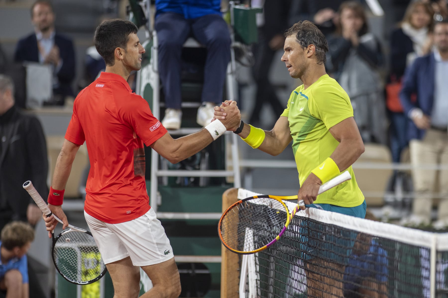 PARIS, FRANCE May 31. Winner Rafael Nadal of Spain is congratulated at the net by Novak Djokovic of Serbia on Court Philippe Chatrier after the singles Quarter Final match at the 2022 French Open Tennis Tournament at Roland Garros on May 31st 2022 in Paris, France. (Photo by Tim Clayton/Corbis via Getty Images)