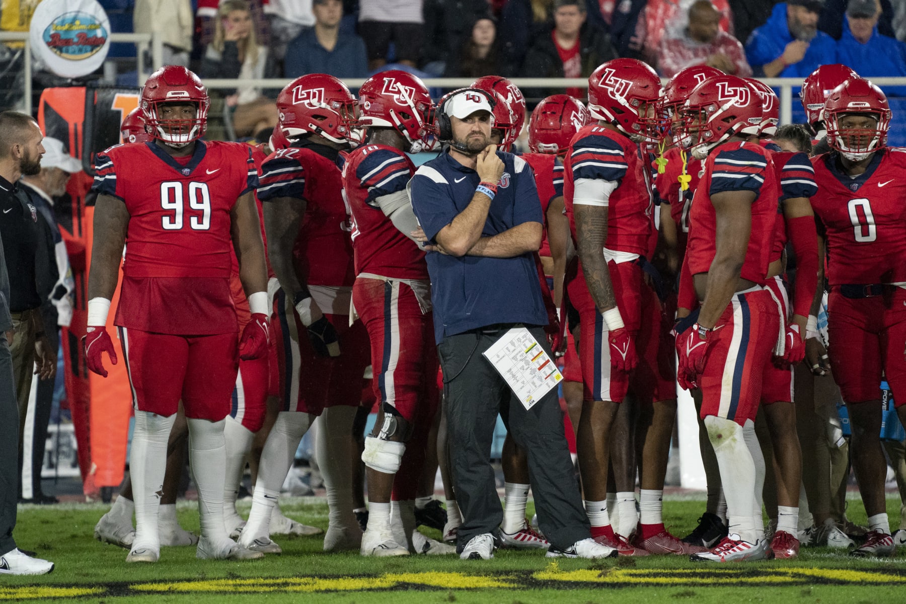 BOCA RATON, FL - DECEMBER 20: Head coach Jamey Chadwell of the Liberty Flames looks on during the RoofClaim.com Boca Raton Bowl between the Liberty Flames and the Toledo Rockets  at FAU Stadium in Boca Raton, FL on December 20th, 2022. (Photo by Jason Mowry/Icon Sportswire via Getty Images)