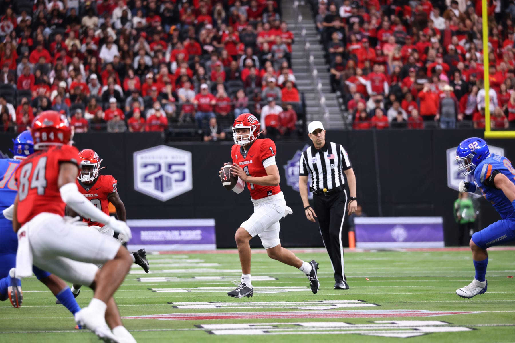 LAS VEGAS, NV - DECEMBER 02: UNLV Rebels quarterback Jayden Maiava (1) runs with the ball during a Mountain West Championship Game between the Boise State Broncos and the UNLV Rebels Saturday, Dec. 2, 2023, at Allegiant Stadium in Las Vegas, Nevada. (Photo by Marc Sanchez/Icon Sportswire via Getty Images)