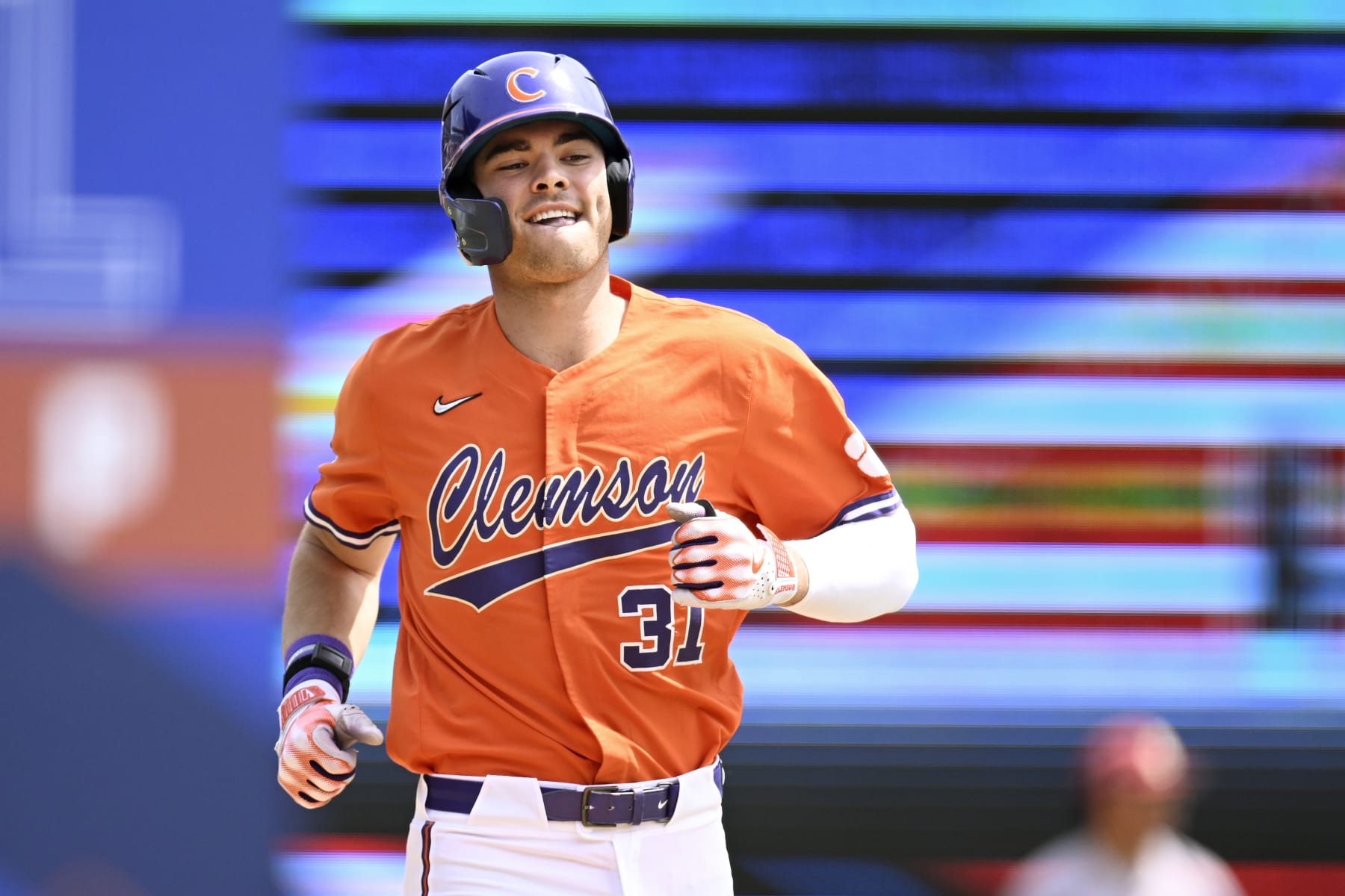 DURHAM, NORTH CAROLINA - MAY 26: Caden Grice #31 of the Clemson Tigers celebrates his home run against the Boston College Eagles in the first inning during the ACC Baseball Championship at Durham Bulls Athletic Park on May 26, 2023 in Durham, North Carolina. (Photo by Eakin Howard/Getty Images)