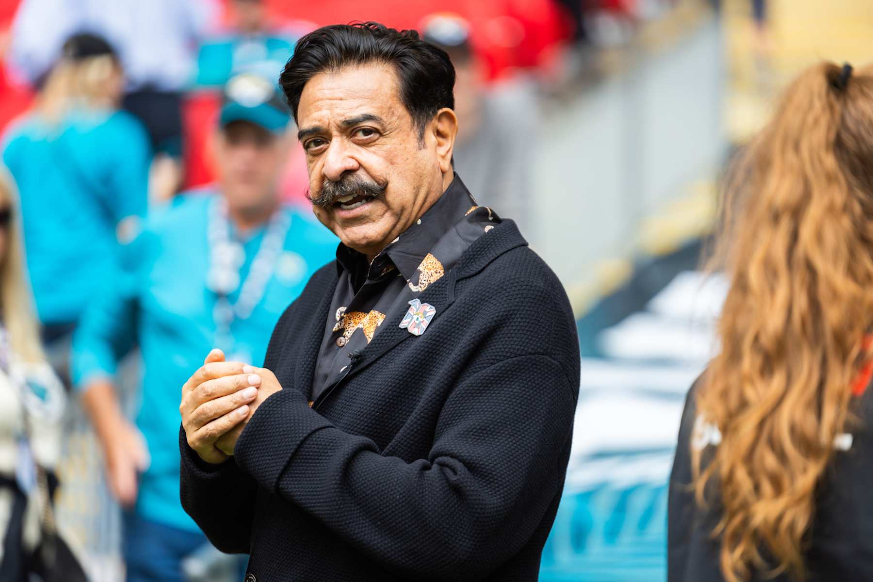 LONDON, ENG - OCTOBER 01: Jacksonville Jaguars owner Shahid Khan walks on the sidelines before the NFL international series game between the Jacksonville Jaguars and Atlanta Falcons on October 1, 2023 at Wembley Stadium in London, United Kingdom. (Photo by Bob Kupbens/Icon Sportswire via Getty Images)