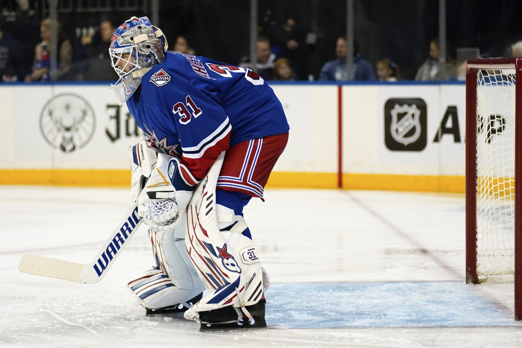New York Rangers goaltender Igor Shesterkin guards the goal during the first period of an NHL hockey game against the Edmonton Oilers, Saturday, Nov. 26, 2022, in New York. The Oilers won 4-3. (AP Photo/Julia Nikhinson)