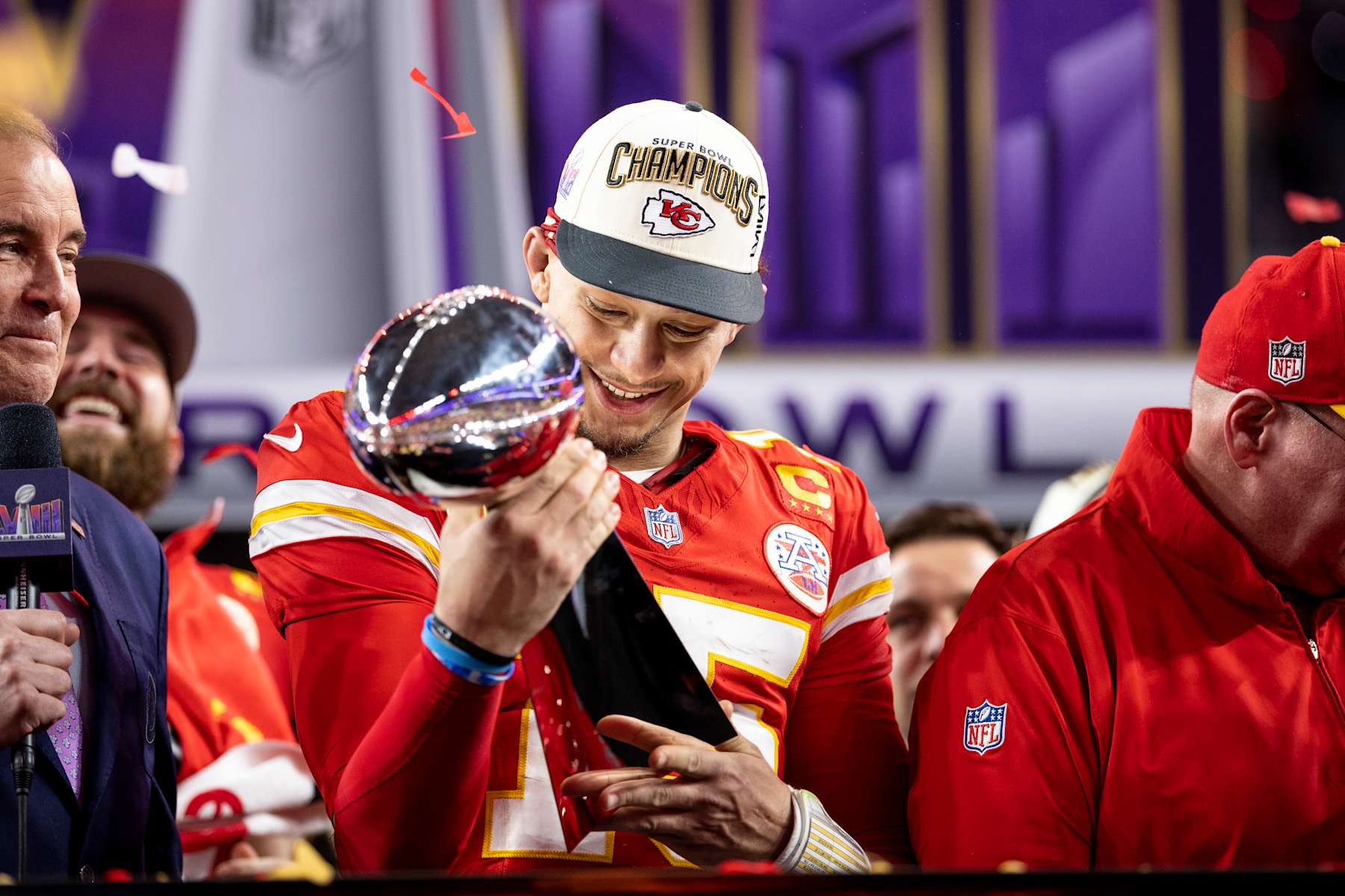 LAS VEGAS, NEVADA - FEBRUARY 11: Patrick Mahomes #15 of the Kansas City Chiefs celebrates with the Vince Lombardi Trophy following the NFL Super Bowl 58 football game between the San Francisco 49ers and the Kansas City Chiefs at Allegiant Stadium on February 11, 2024 in Las Vegas, Nevada. (Photo by Michael Owens/Getty Images)