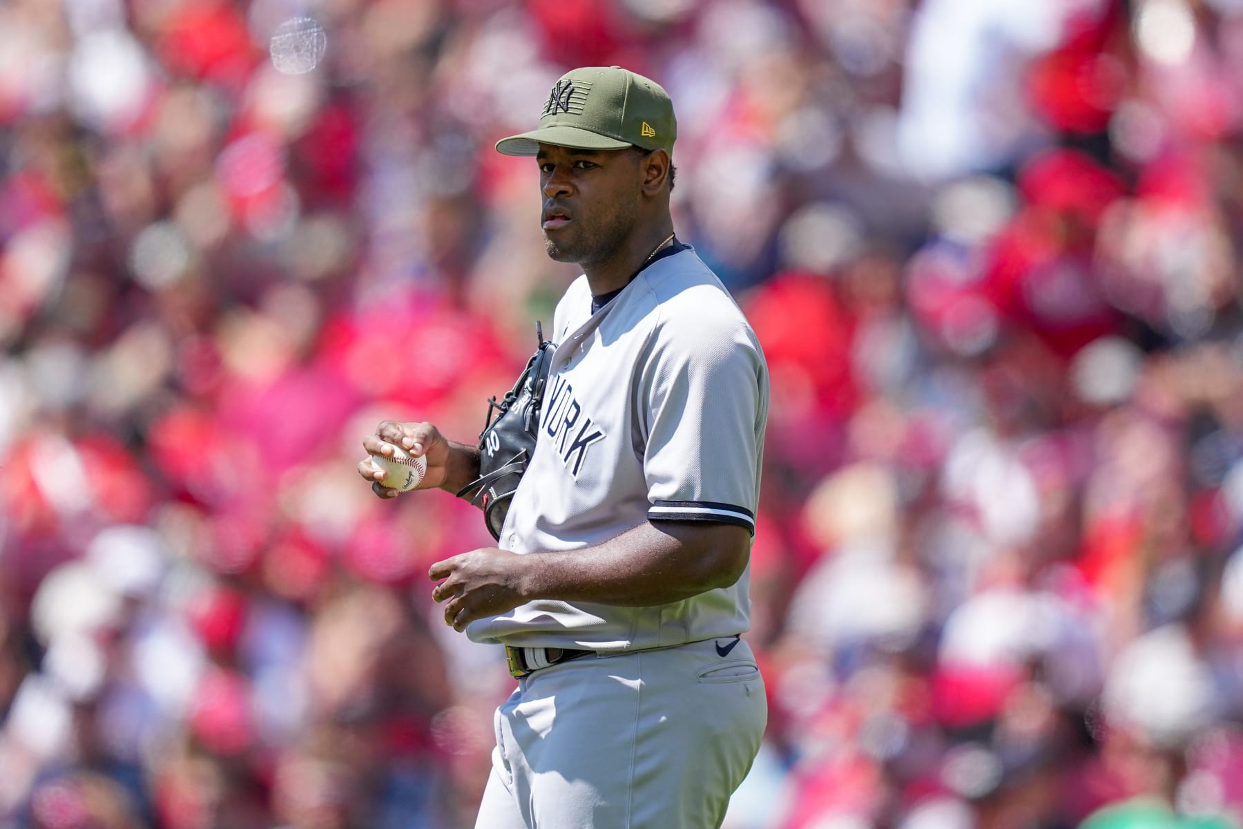CINCINNATI, OHIO - MAY 21: Luis Severino #40 of the New York Yankees looks on in the first inning against the Cincinnati Reds at Great American Ball Park on May 21, 2023 in Cincinnati, Ohio. (Photo by Dylan Buell/Getty Images)