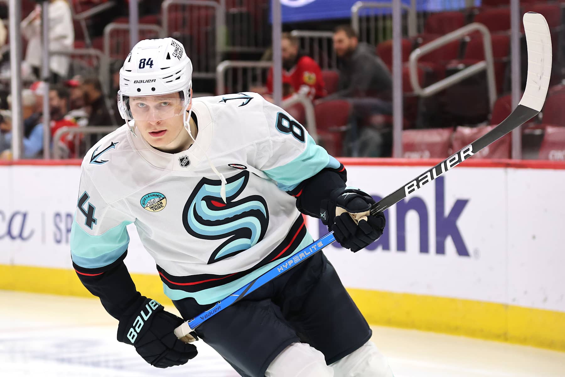 CHICAGO, ILLINOIS - DECEMBER 19: Kaapo Kakko #84 of the Seattle Kraken warms up prior to the game against the Chicago Blackhawks at the United Center on December 19, 2024 in Chicago, Illinois. Kaapo Kakko is playing his first game for the Seattle Kraken after being acquired in a trade with the New York Rangers on December 18th. (Photo by Michael Reaves/Getty Images)