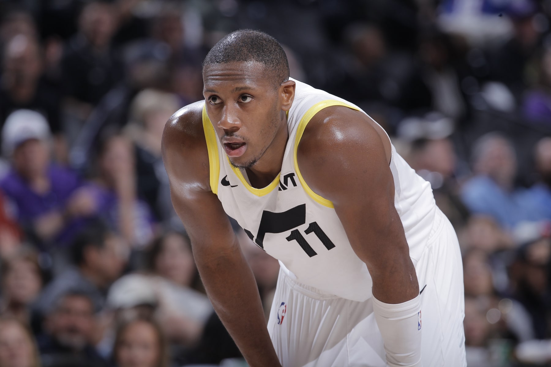 SACRAMENTO, CA - MARCH 31: Kris Dunn #11 of the Utah Jazz looks on during the game against the Sacramento Kings on March 31, 2024 at Golden 1 Center in Sacramento, California. NOTE TO USER: User expressly acknowledges and agrees that, by downloading and or using this photograph, User is consenting to the terms and conditions of the Getty Images Agreement. Mandatory Copyright Notice: Copyright 2024 NBAE (Photo by Rocky Widner/NBAE via Getty Images)