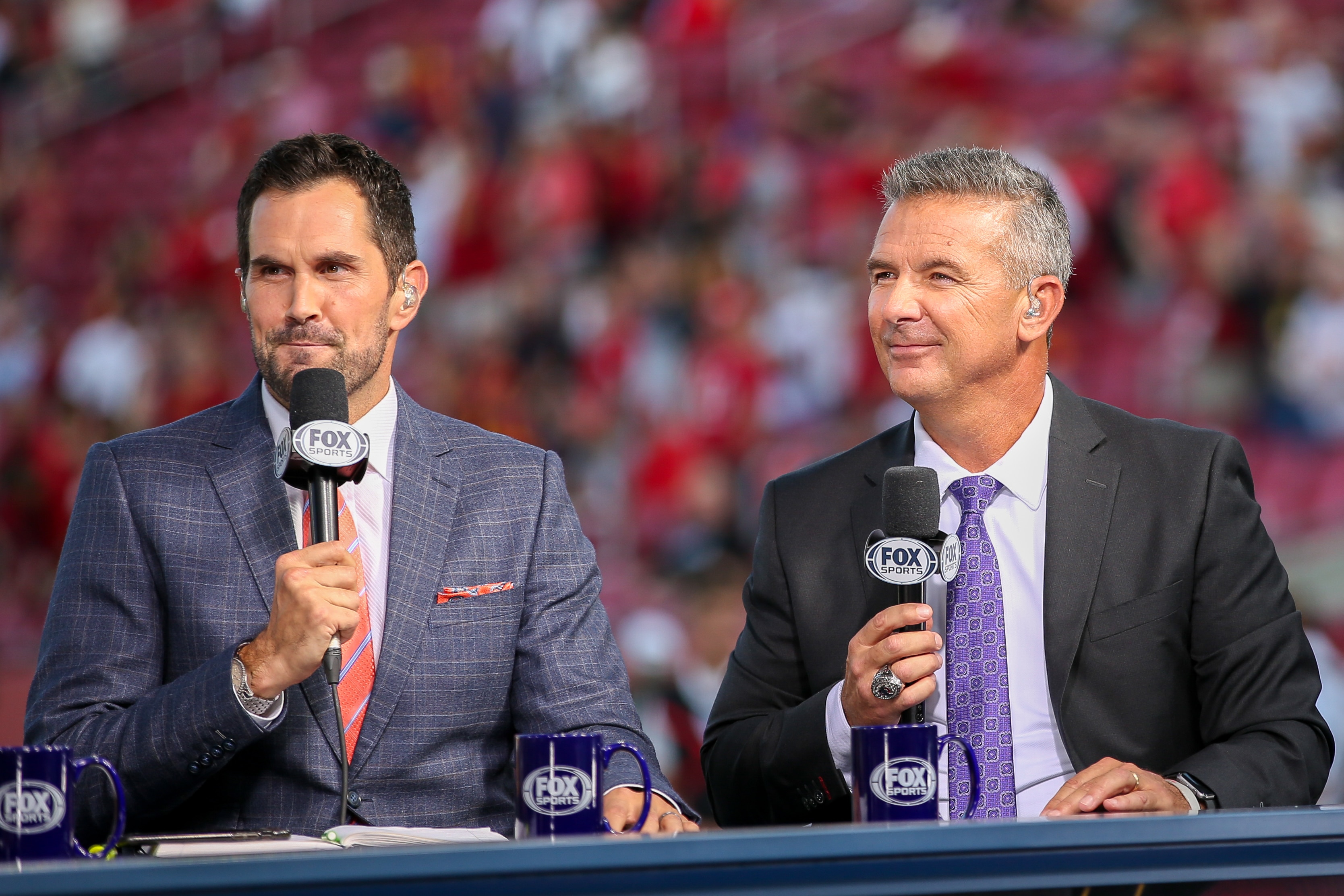 LOS ANGELES, CA - SEPTEMBER 20: Fox college sports anchors Matt Leinart and Urban Meyer a college football game between the Utah Utes and The USC Trojans on September 20, 2019, at the Los Angeles Memorial Coliseum in Los Angeles, CA. (Photo by Jordon Kelly/Icon Sportswire via Getty Images)