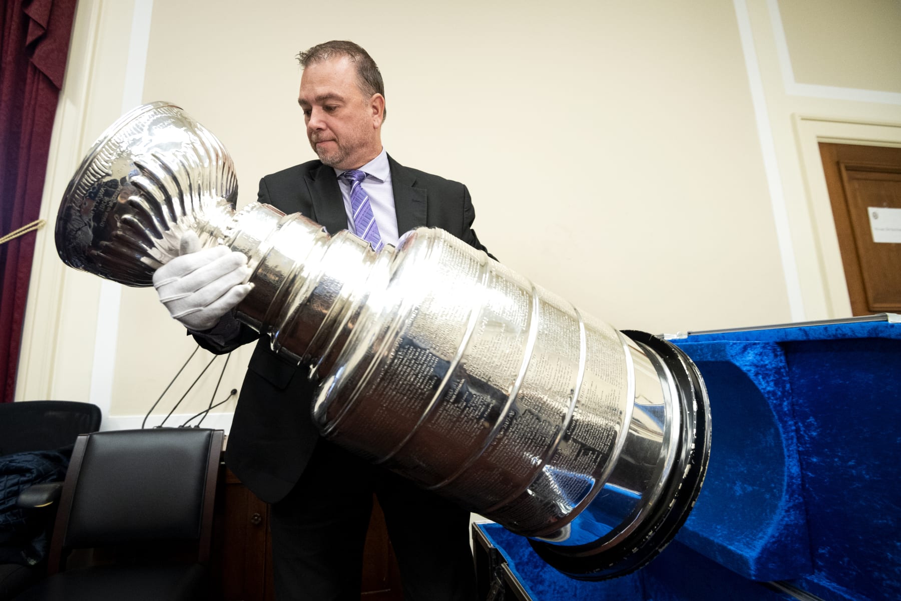 UNITED STATES -  OCTOBER 16: The Stanley Cup is taken out of its case before being put on display in the Rayburn Office Building on Wednesday, Oct. 16, 2019. (Photo by Caroline Brehman/CQ-Roll Call, Inc via Getty Images)
